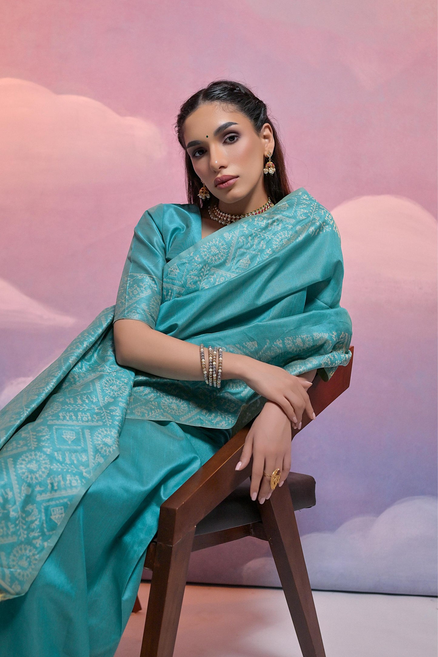 Jyoti Fashion Women's Firozi Handloom Raw Silk Weaving Designer Saree with Blouse | Swadesiicart