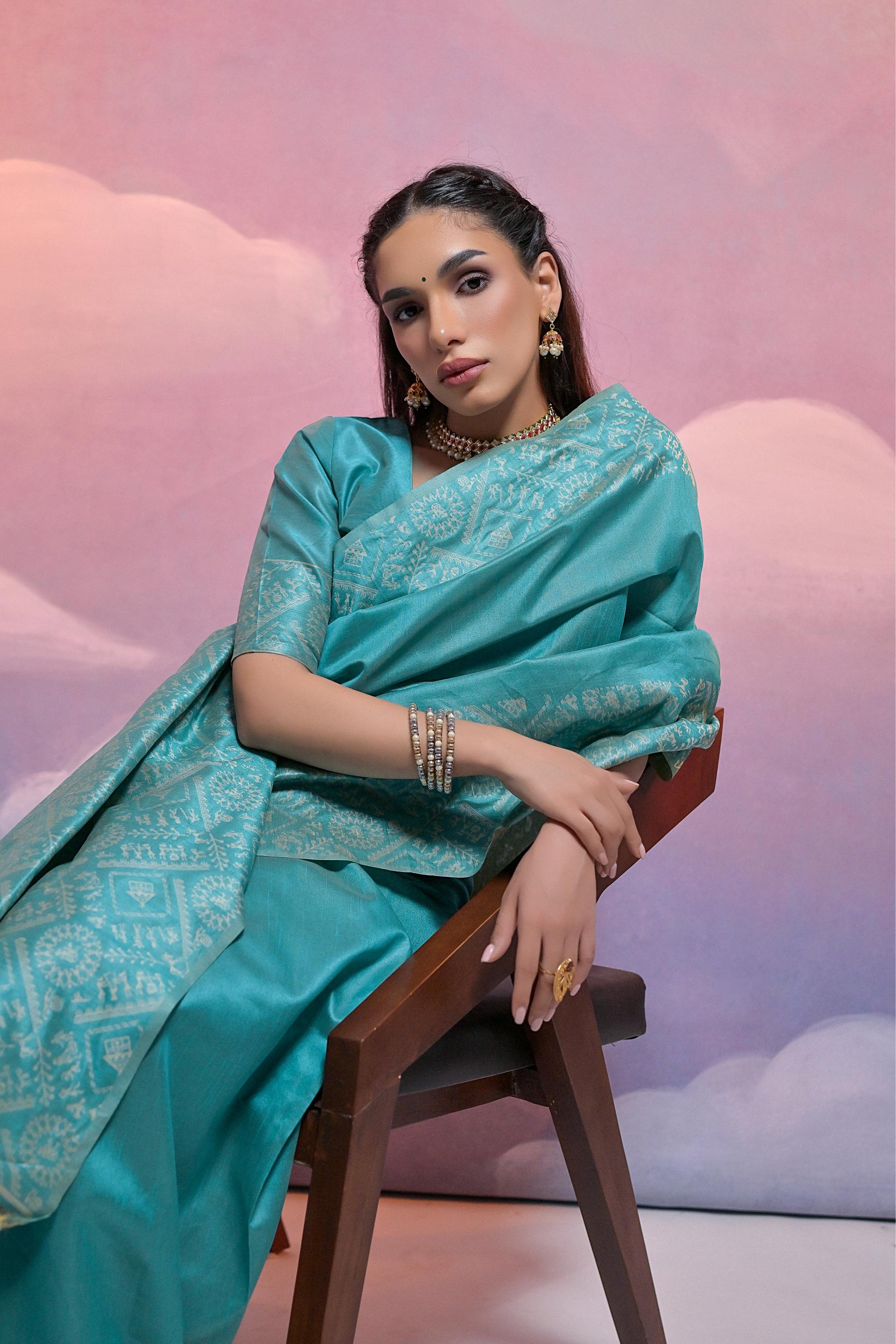Jyoti Fashion Women's Firozi Handloom Raw Silk Weaving Designer Saree with Blouse | Swadesiicart