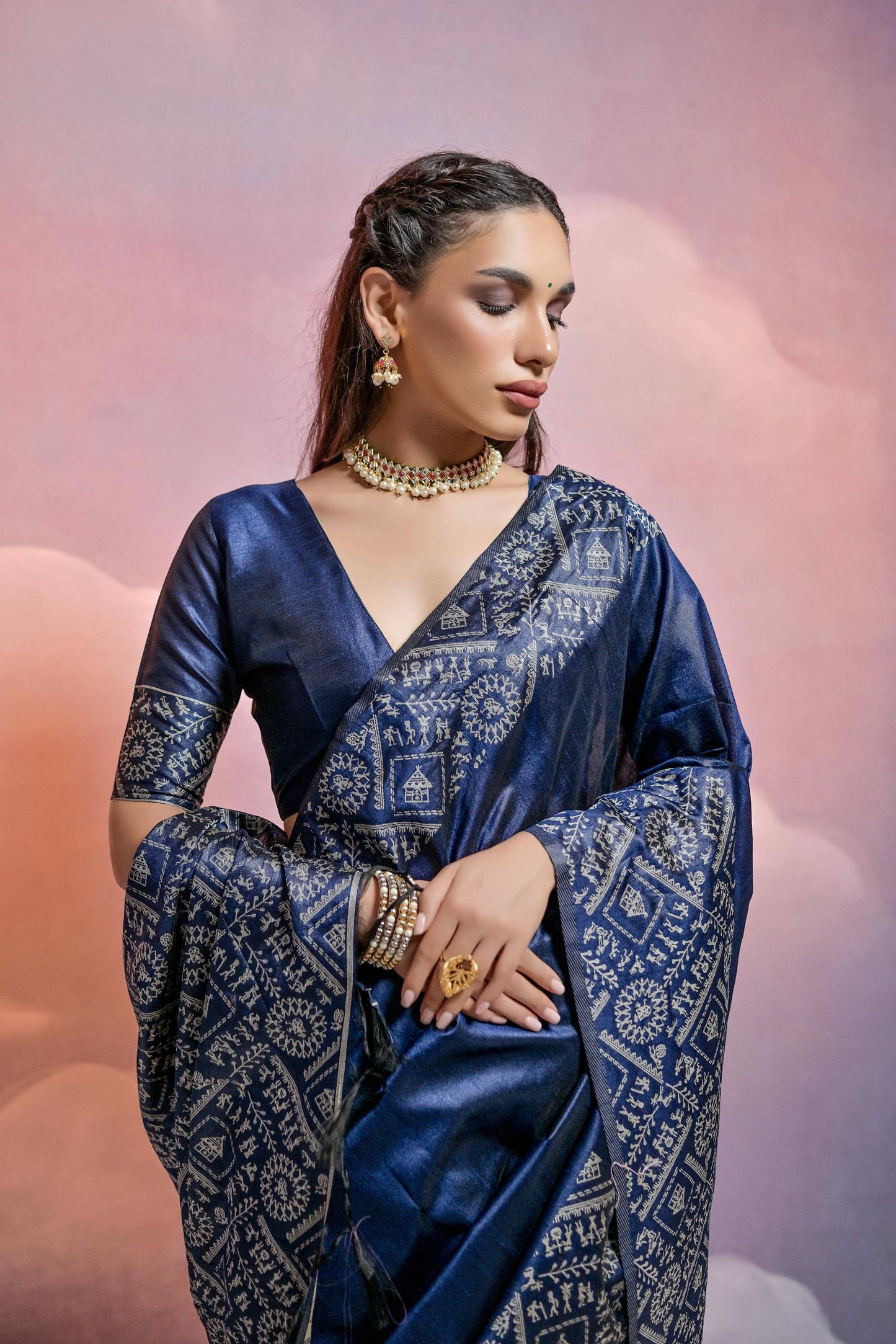 Jyoti Fashion Women's Navy Blue Handloom Raw Silk Weaving Designer Saree with Blouse | Swadesiicart