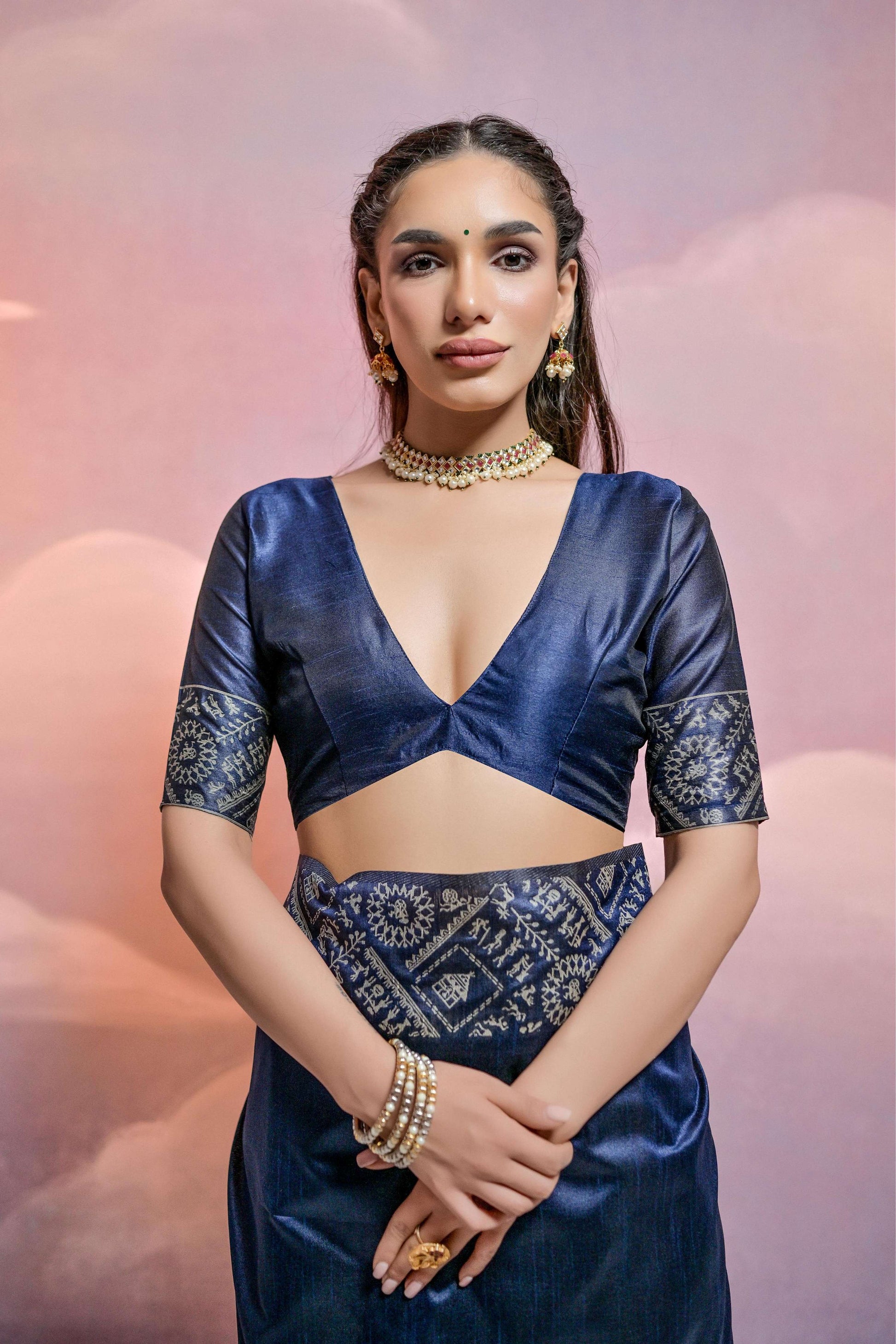 Jyoti Fashion Women's Navy Blue Handloom Raw Silk Weaving Designer Saree with Blouse | Swadesiicart