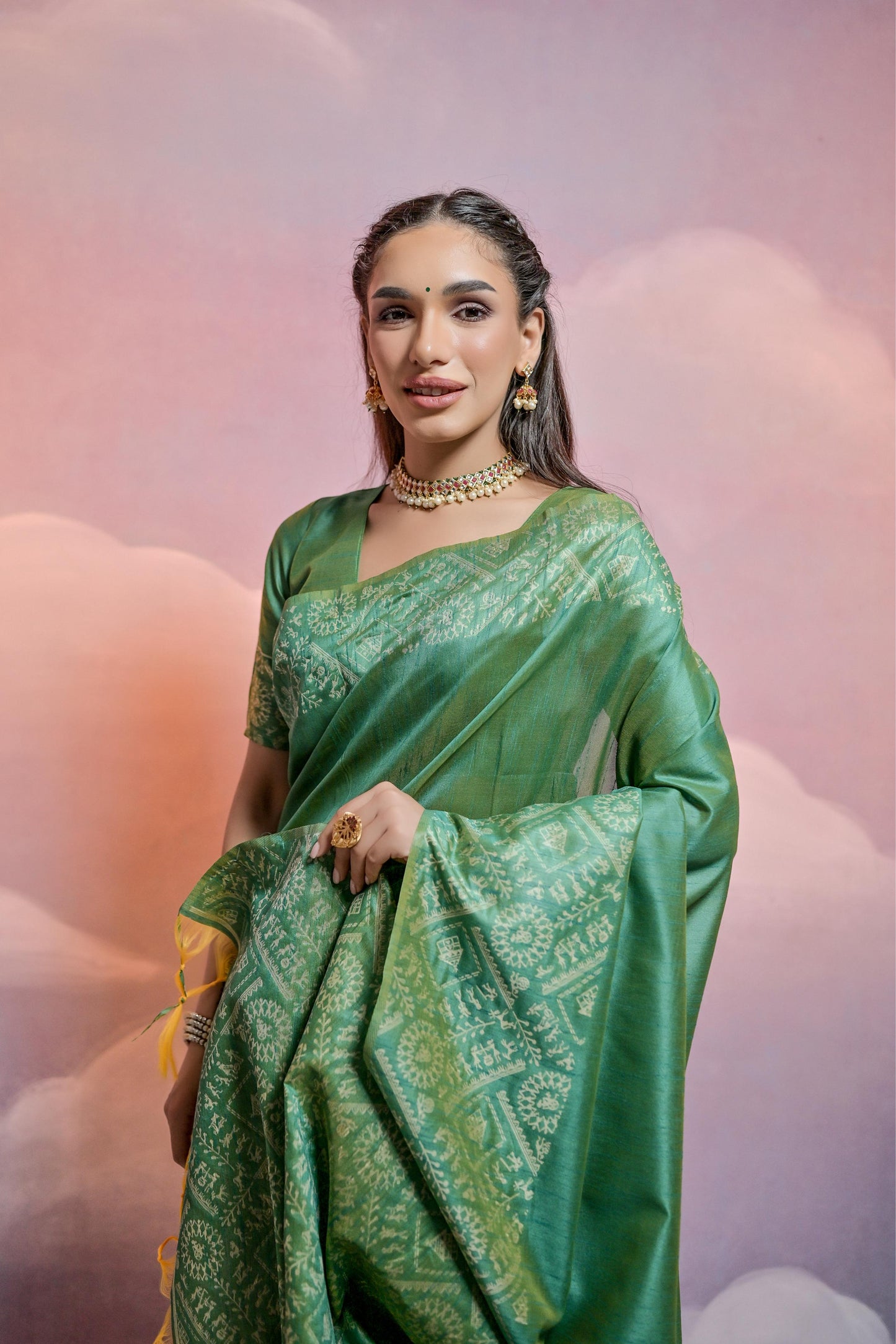 Jyoti Fashion Women's Green Handloom Raw Silk Weaving Designer Saree with Blouse | Swadesiicart