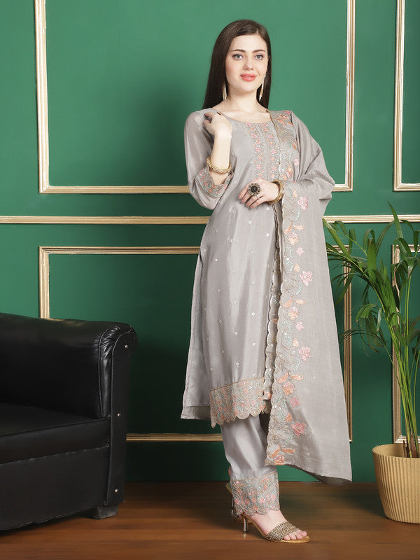 Jyoti Fashion Women's Grey Chinon Chiffon Floral Embroidery with Cording & Crystal Work Designer Straight Suit Set | Swadesiicart