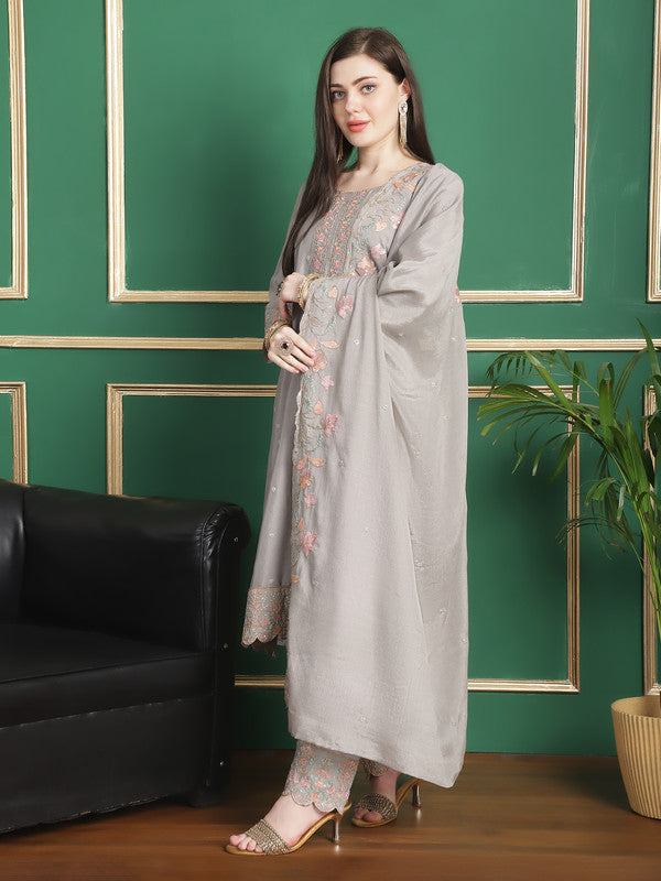 Jyoti Fashion Women's Grey Chinon Chiffon Floral Embroidery with Cording & Crystal Work Designer Straight Suit Set | Swadesiicart