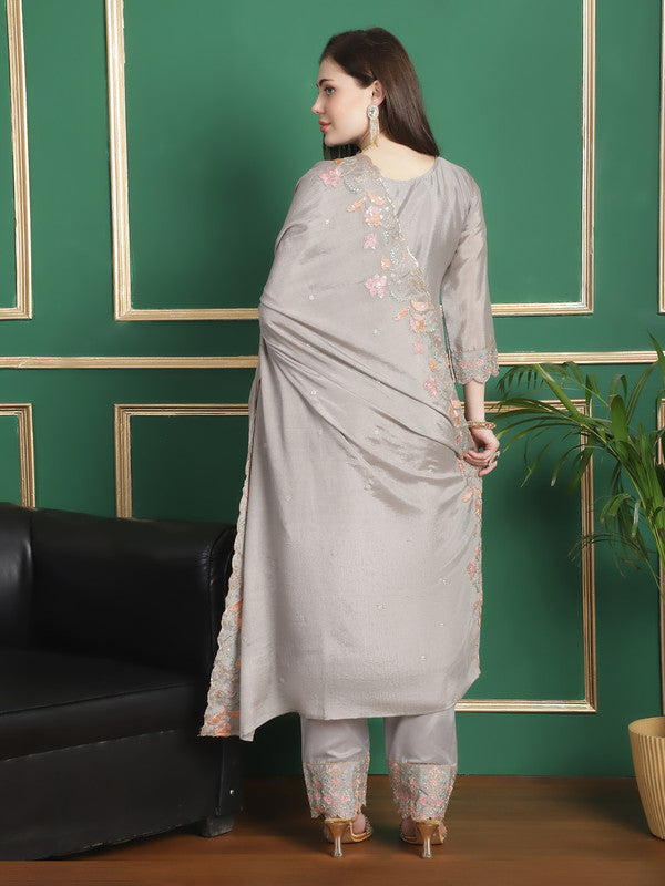 Jyoti Fashion Women's Grey Chinon Chiffon Floral Embroidery with Cording & Crystal Work Designer Straight Suit Set | Swadesiicart