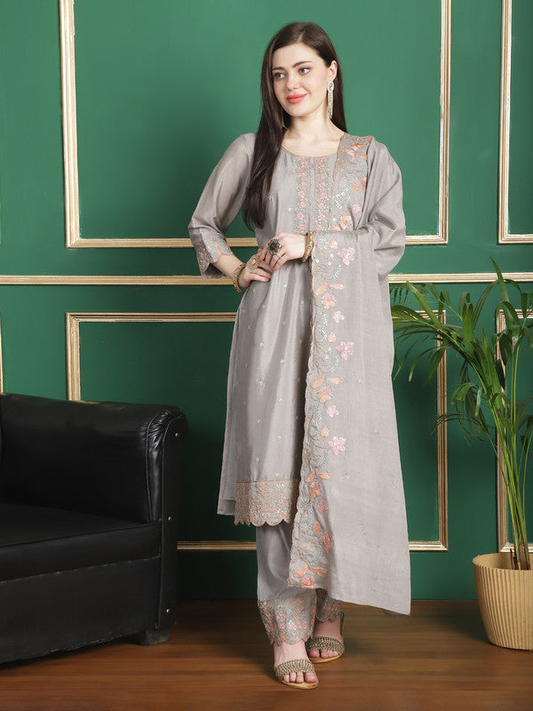 Jyoti Fashion Women's Grey Chinon Chiffon Floral Embroidery with Cording & Crystal Work Designer Straight Suit Set | Swadesiicart