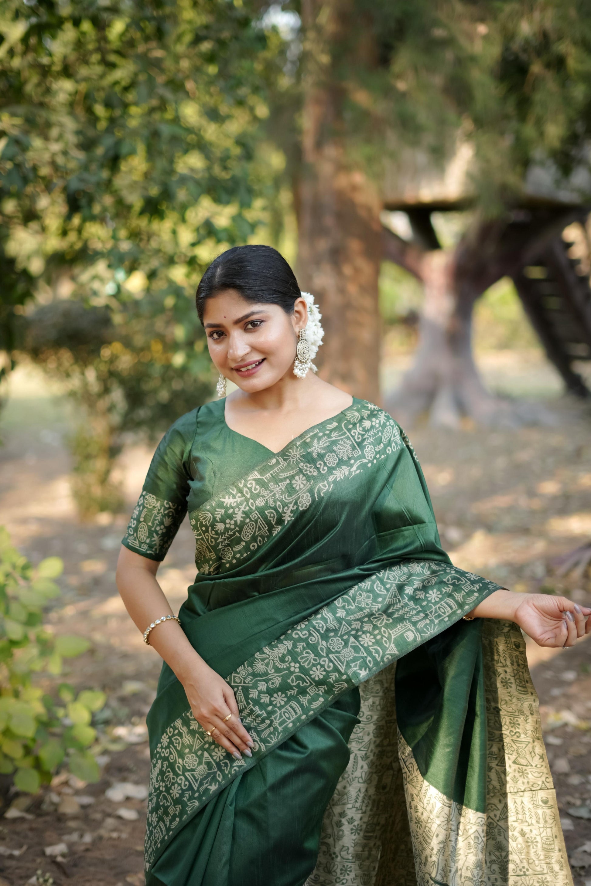 Jyoti Fashion Women's Bottle Green Handloom Raw Silk Weaving Designer Saree with Blouse | Swadesiicart