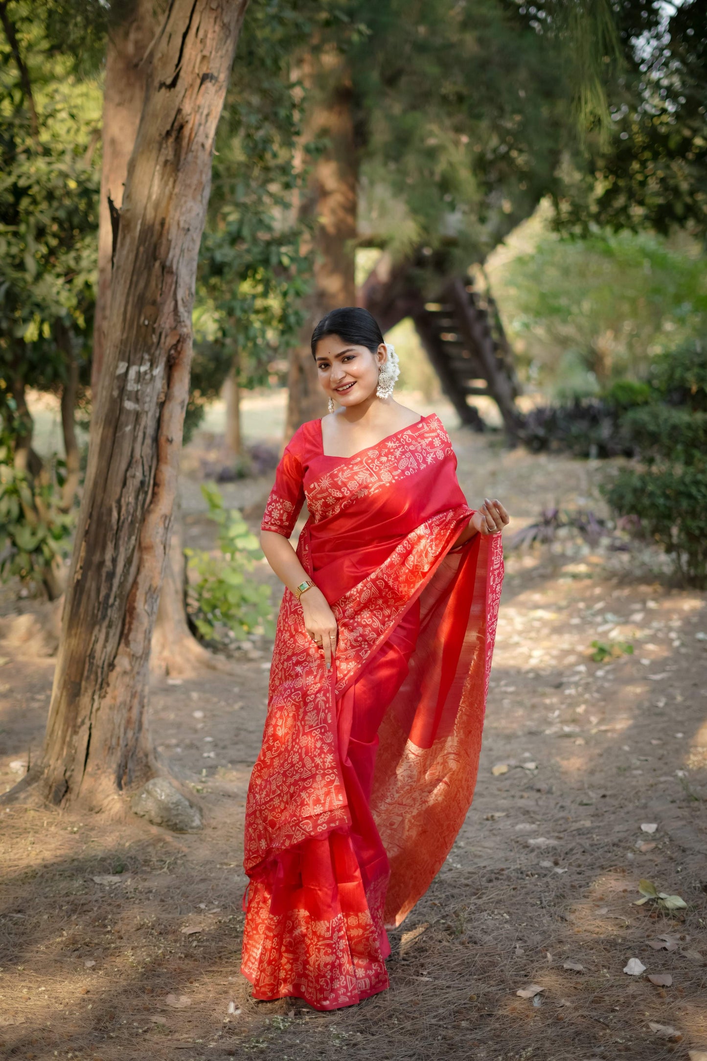 Jyoti Fashion Women's Red Handloom Raw Silk Weaving Designer Saree with Blouse | Swadesiicart