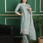 Jyoti Fashion Women's Turquoise Chinon Chiffon Floral Embroidery with Cording & Crystal Work Designer Straight Suit Set | Swadesiicart