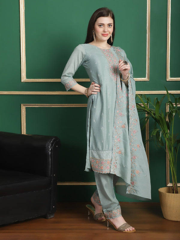 Jyoti Fashion Women's Turquoise Chinon Chiffon Floral Embroidery with Cording & Crystal Work Designer Straight Suit Set | Swadesiicart