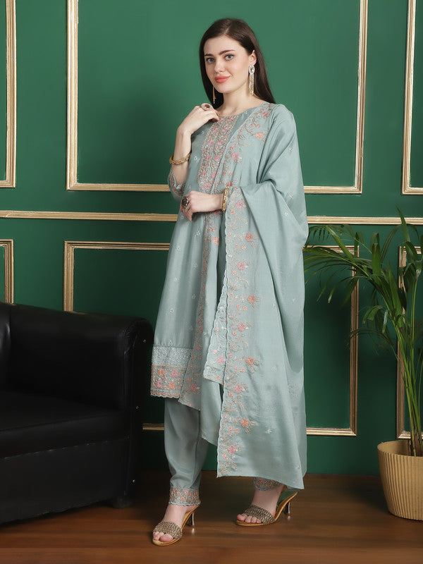 Jyoti Fashion Women's Turquoise Chinon Chiffon Floral Embroidery with Cording & Crystal Work Designer Straight Suit Set | Swadesiicart