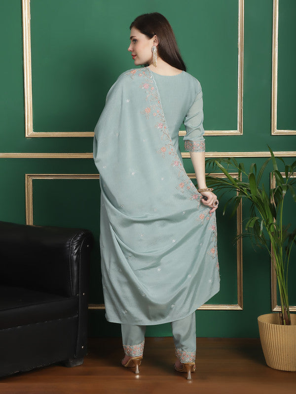 Jyoti Fashion Women's Turquoise Chinon Chiffon Floral Embroidery with Cording & Crystal Work Designer Straight Suit Set | Swadesiicart