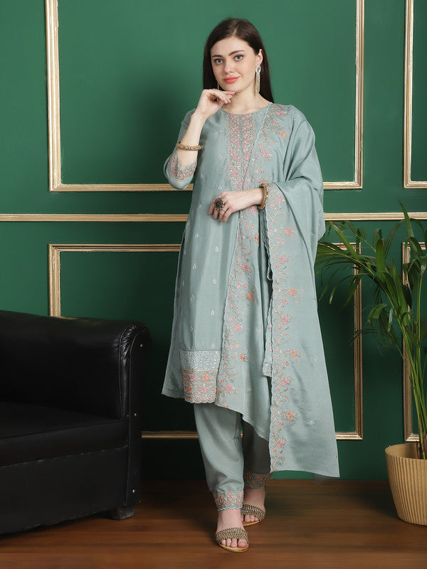 Jyoti Fashion Women's Turquoise Chinon Chiffon Floral Embroidery with Cording & Crystal Work Designer Straight Suit Set | Swadesiicart