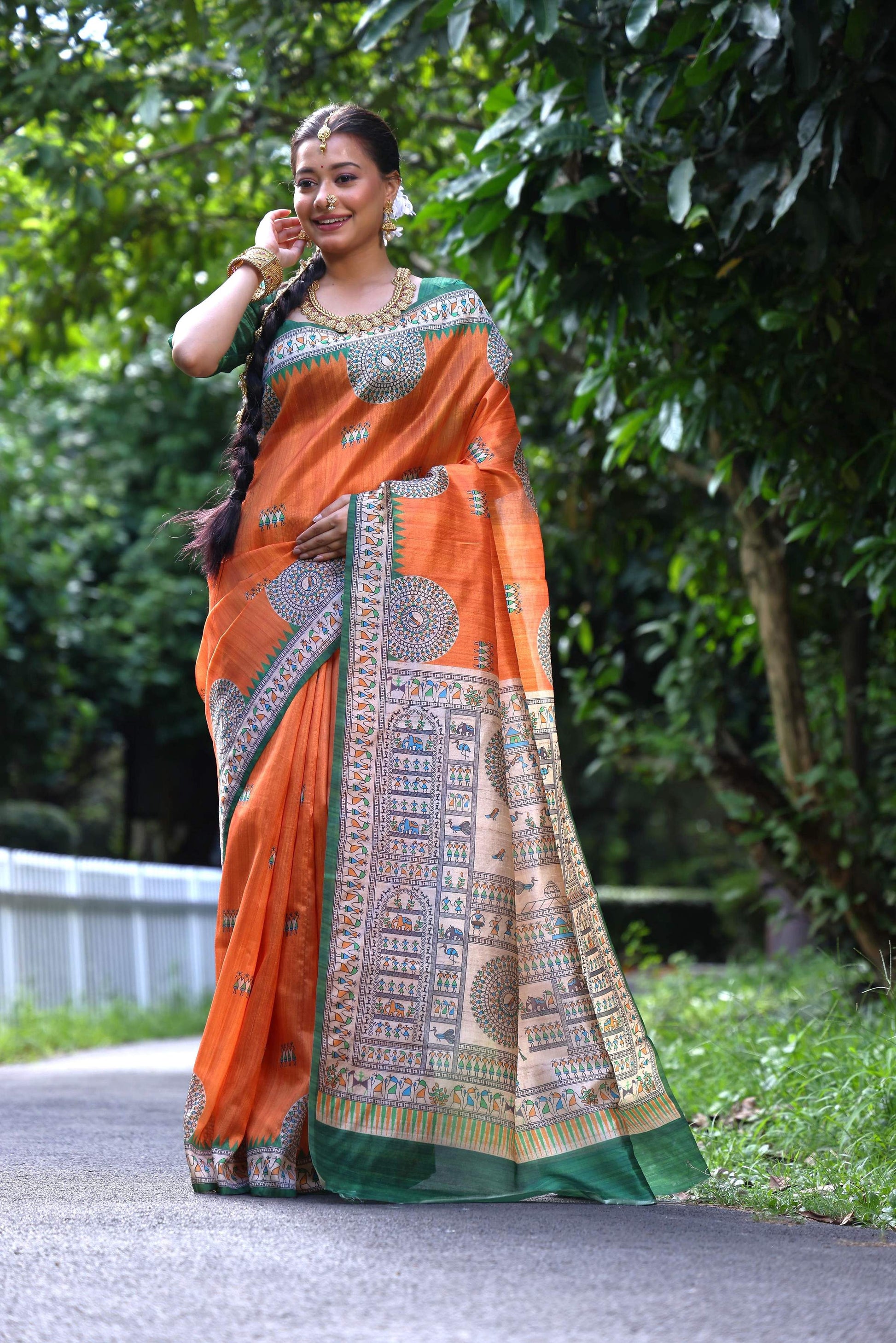 Jyoti Fashion Women's Orange Soft Tussar Silk Printed Designer Saree with Blouse | Swadesiicart