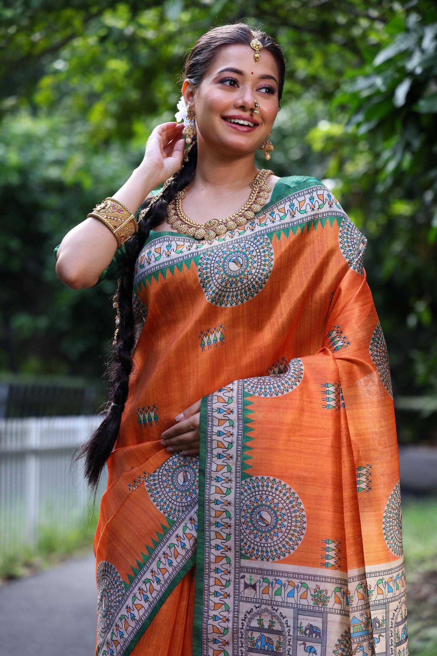 Jyoti Fashion Women's Orange Soft Tussar Silk Printed Designer Saree with Blouse | Swadesiicart