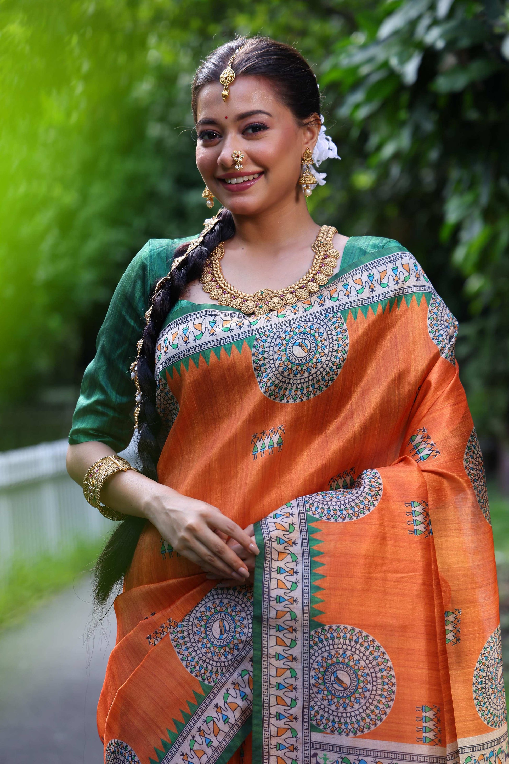 Jyoti Fashion Women's Orange Soft Tussar Silk Printed Designer Saree with Blouse | Swadesiicart