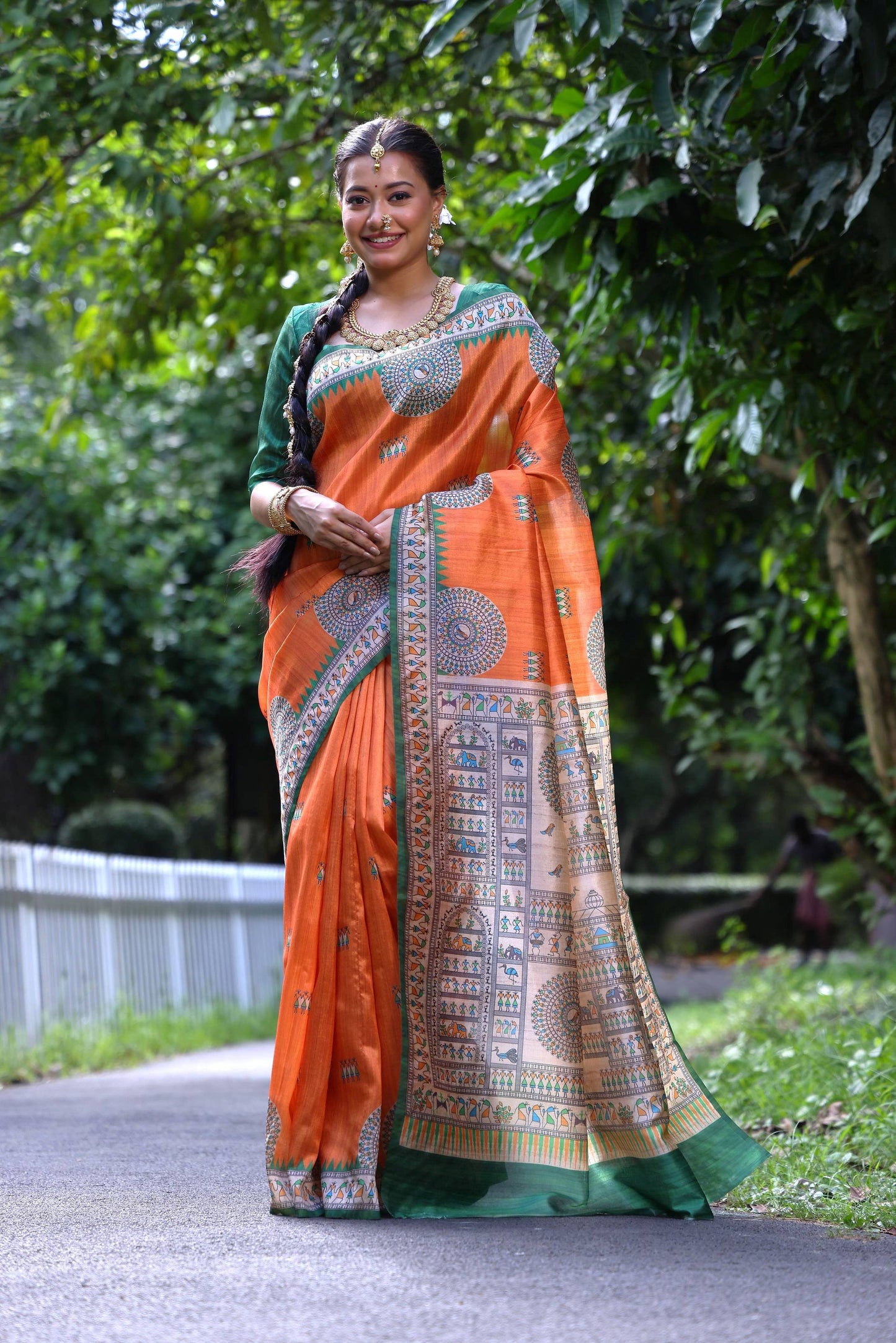 Jyoti Fashion Women's Orange Soft Tussar Silk Printed Designer Saree with Blouse | Swadesiicart