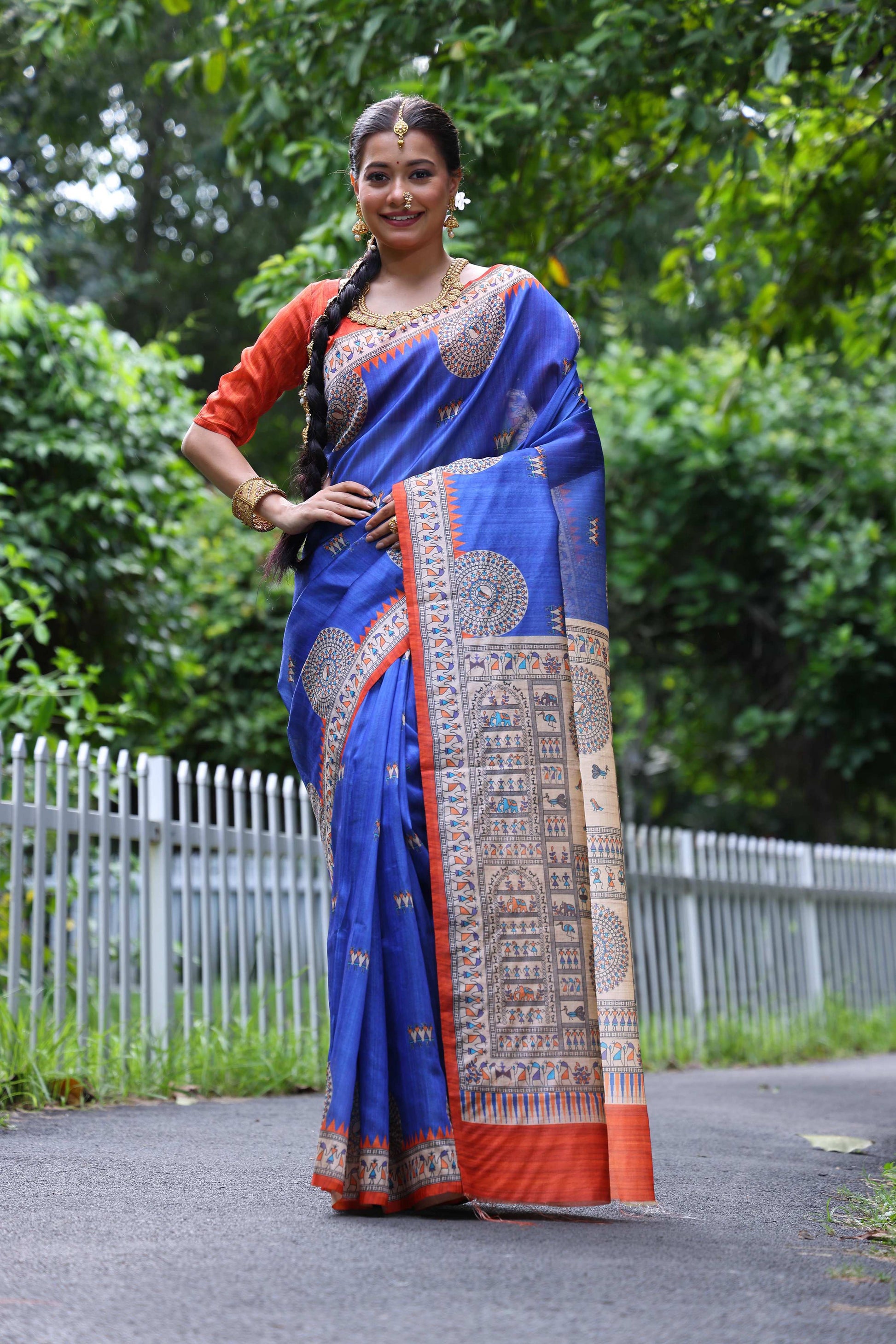 Jyoti Fashion Women's Blue Soft Tussar Silk Printed Designer Saree with Blouse | Swadesiicart