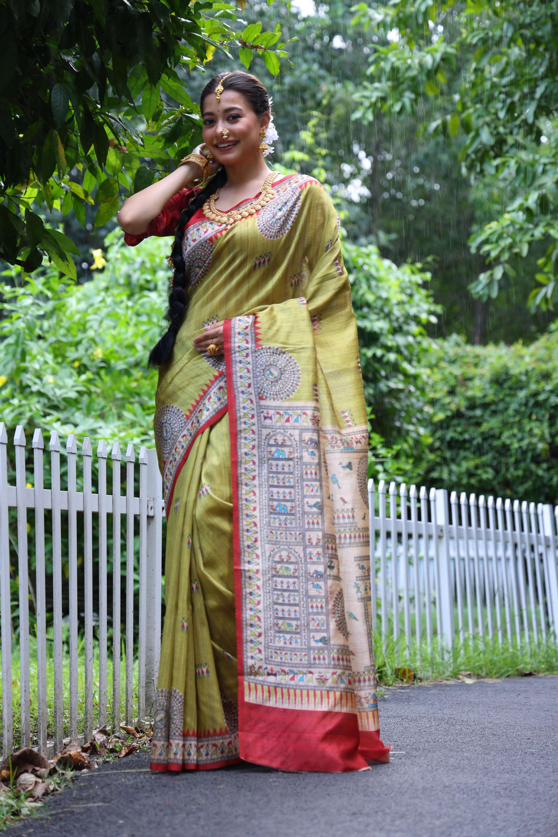 Jyoti Fashion Women's Green Soft Tussar Silk Printed Designer Saree with Blouse | Swadesiicart
