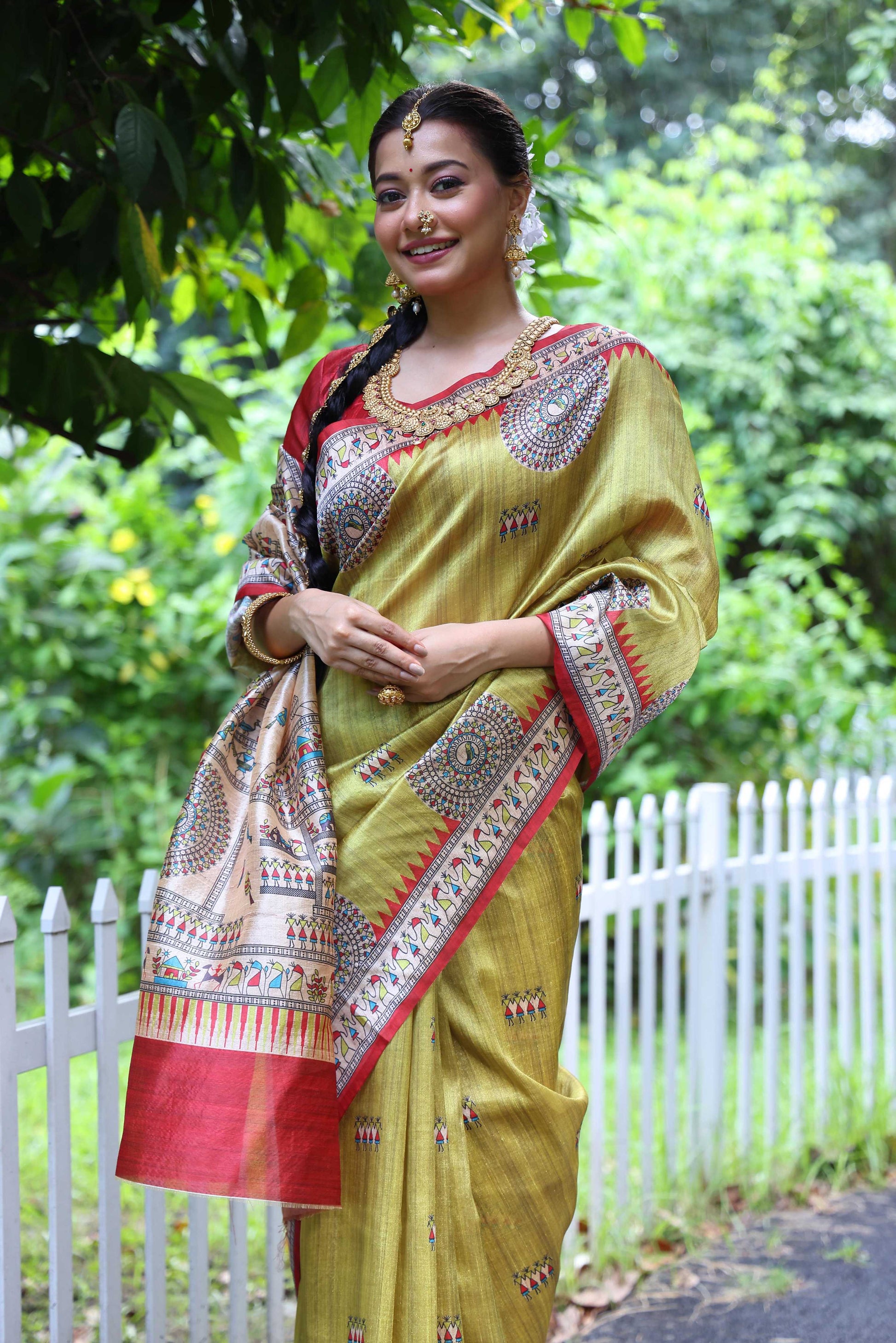 Jyoti Fashion Women's Green Soft Tussar Silk Printed Designer Saree with Blouse | Swadesiicart