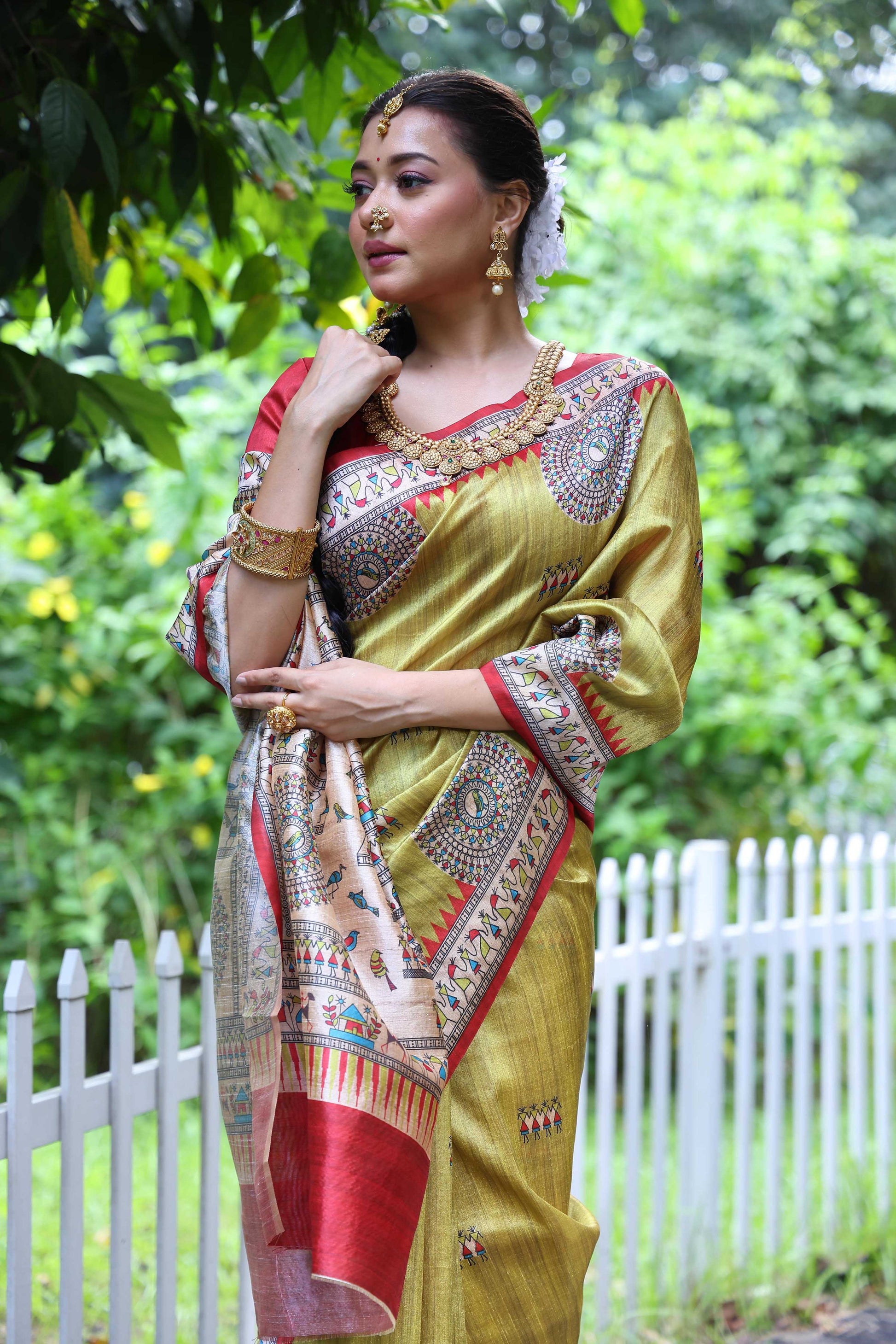 Jyoti Fashion Women's Green Soft Tussar Silk Printed Designer Saree with Blouse | Swadesiicart