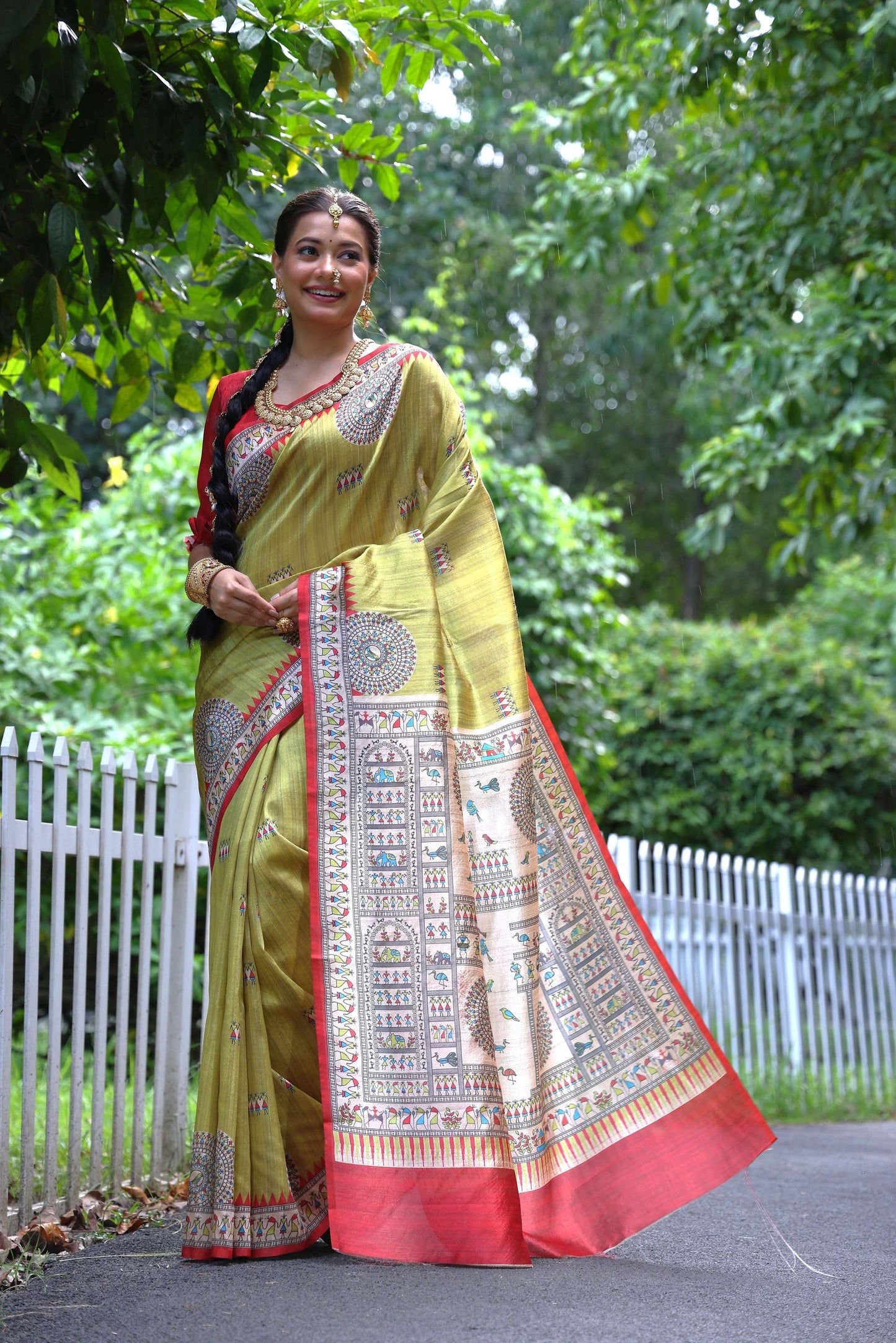 Jyoti Fashion Women's Green Soft Tussar Silk Printed Designer Saree with Blouse | Swadesiicart