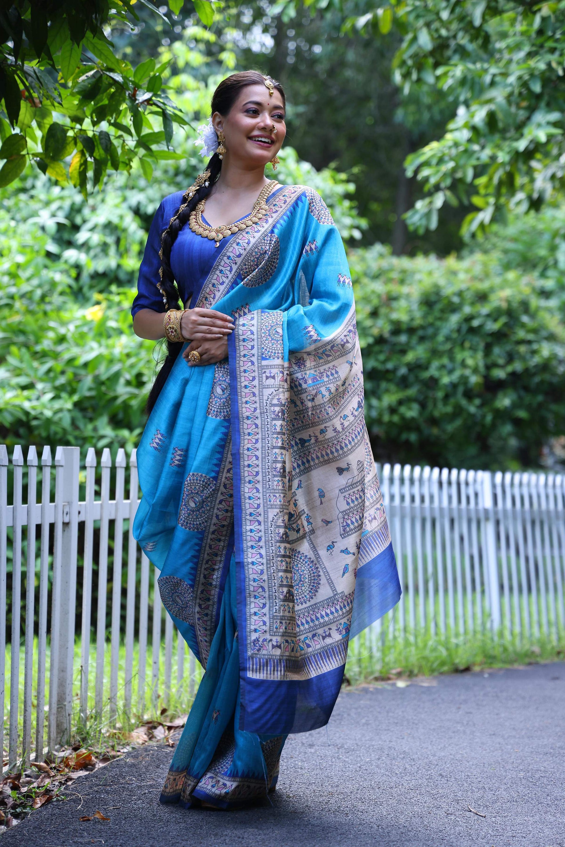 Jyoti Fashion Women's Firozi Soft Tussar Silk Printed Designer Saree with Blouse | Swadesiicart