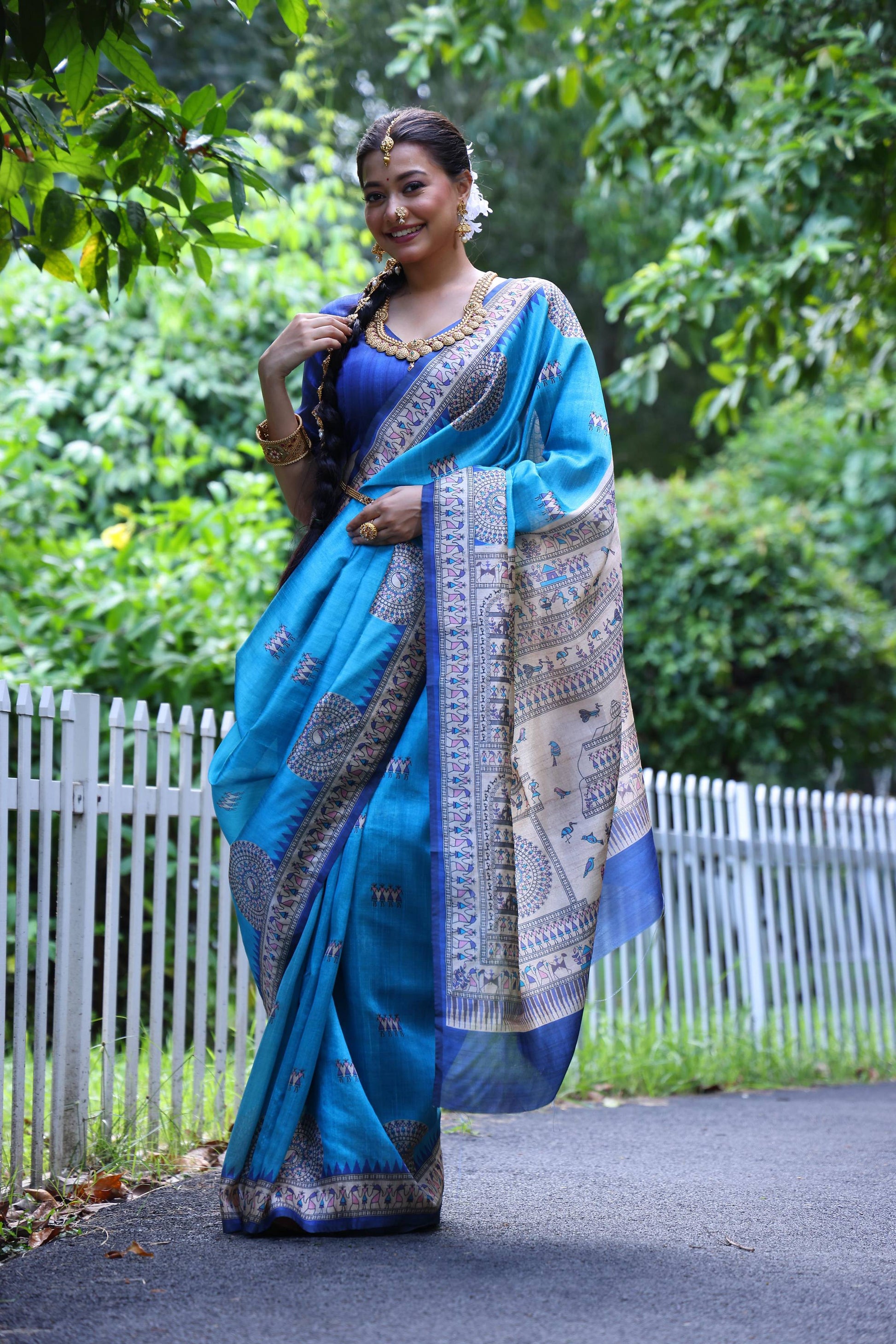 Jyoti Fashion Women's Firozi Soft Tussar Silk Printed Designer Saree with Blouse | Swadesiicart