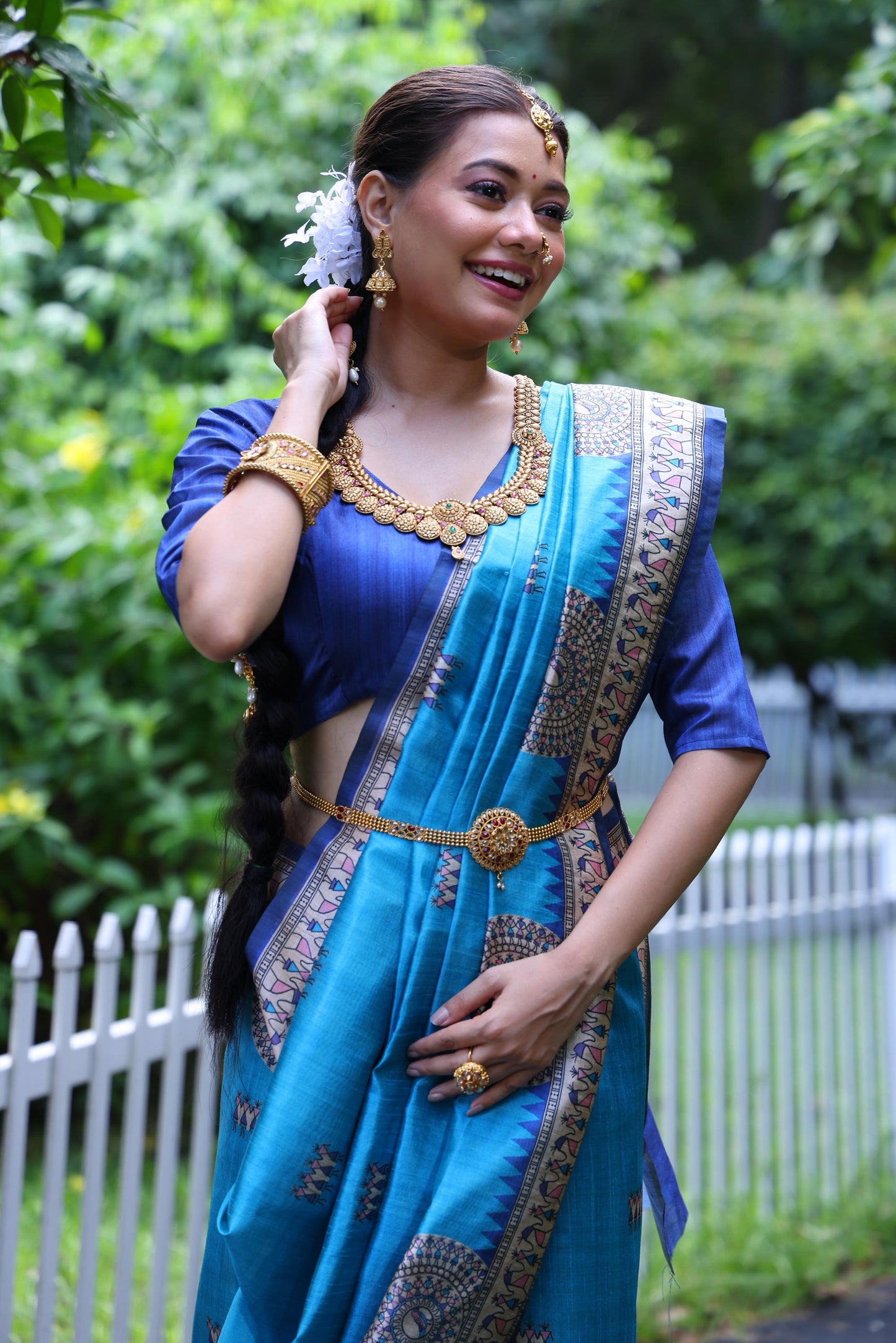 Jyoti Fashion Women's Firozi Soft Tussar Silk Printed Designer Saree with Blouse | Swadesiicart