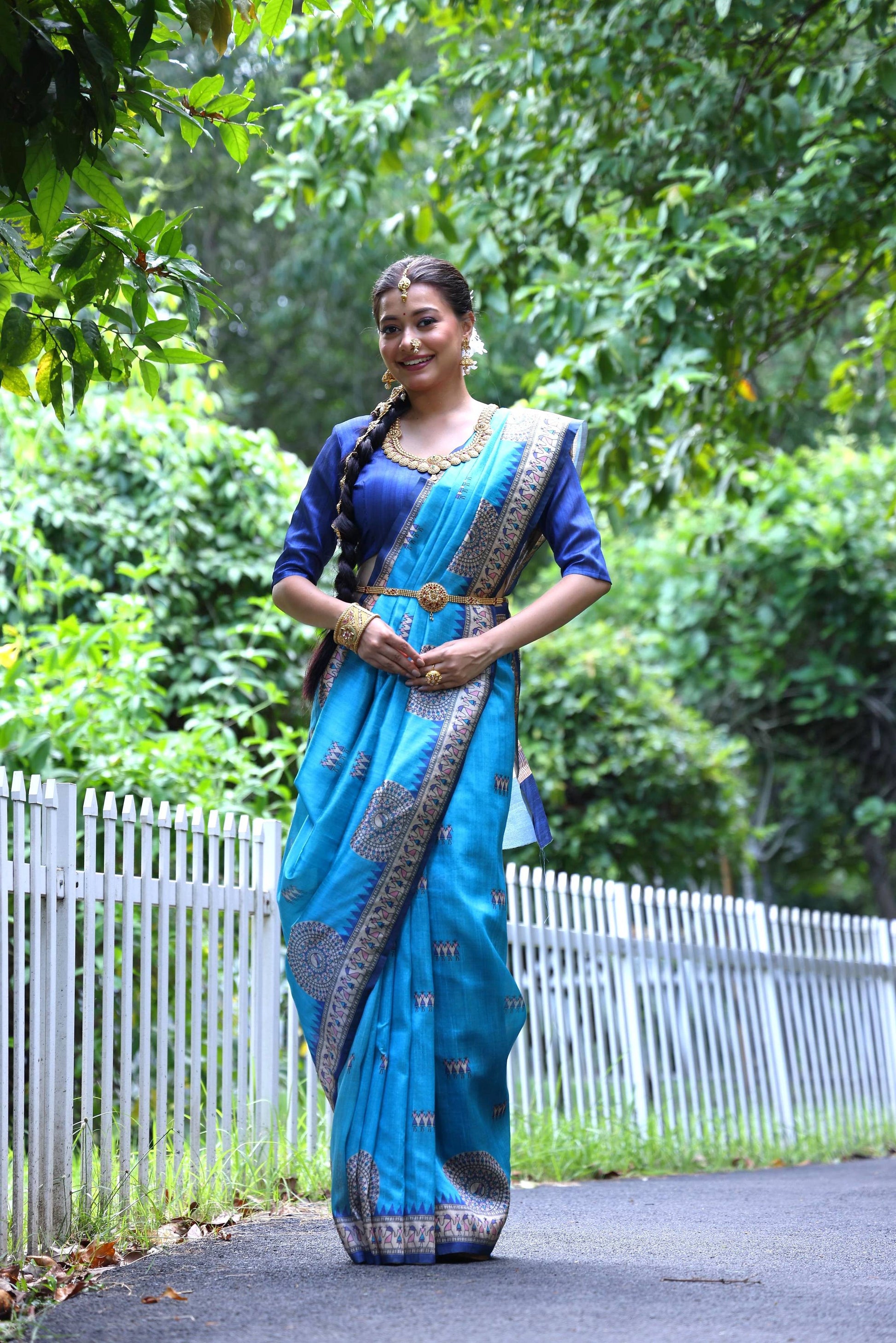 Jyoti Fashion Women's Firozi Soft Tussar Silk Printed Designer Saree with Blouse | Swadesiicart