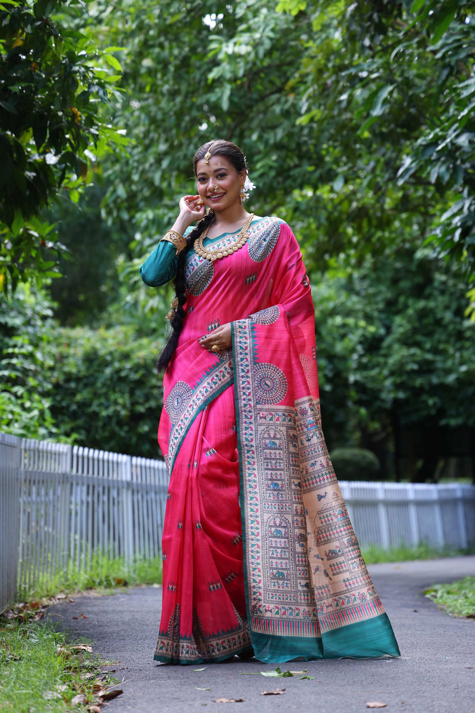 Jyoti Fashion Women's Pink Soft Tussar Silk Printed Designer Saree with Blouse | Swadesiicart