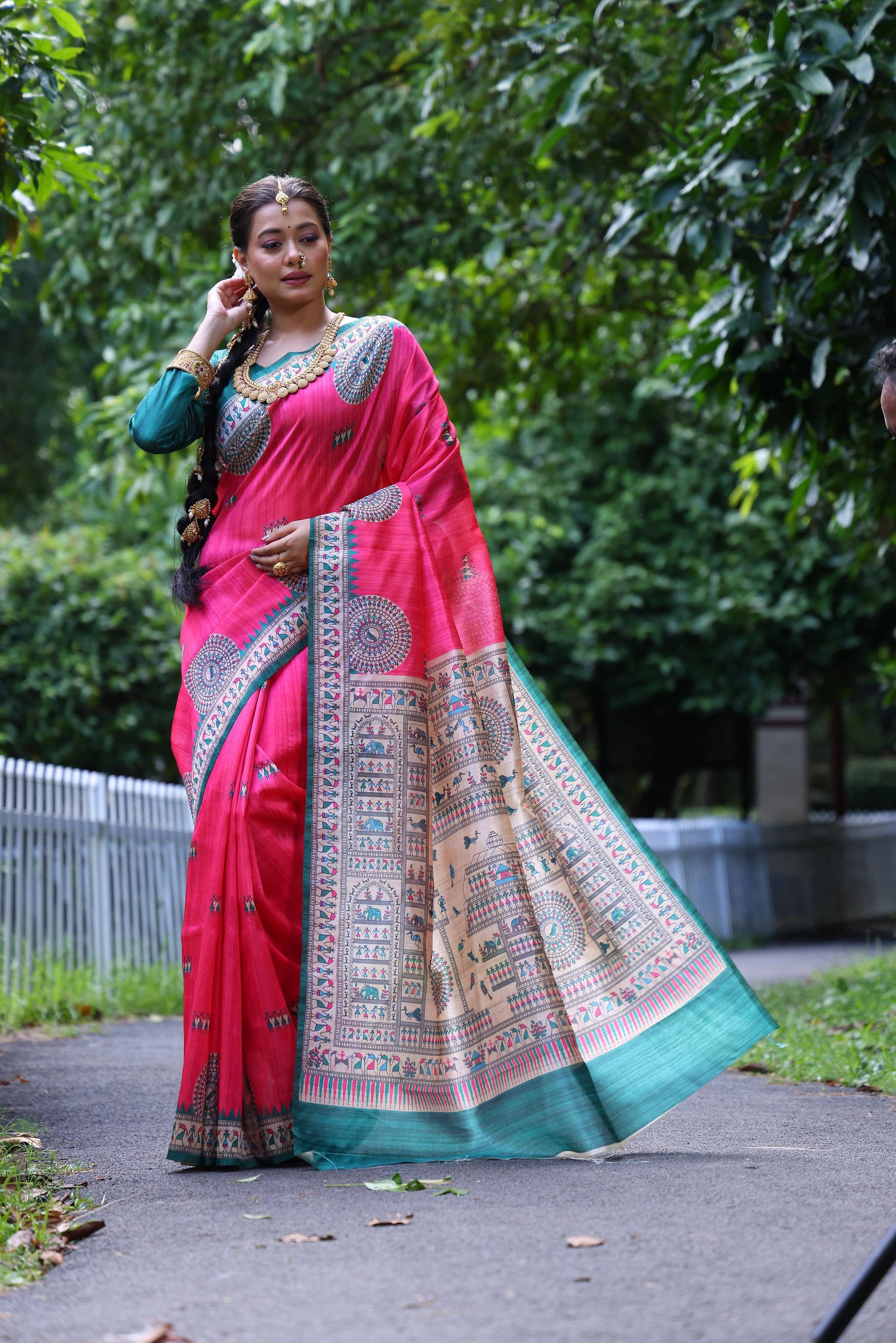Jyoti Fashion Women's Pink Soft Tussar Silk Printed Designer Saree with Blouse | Swadesiicart