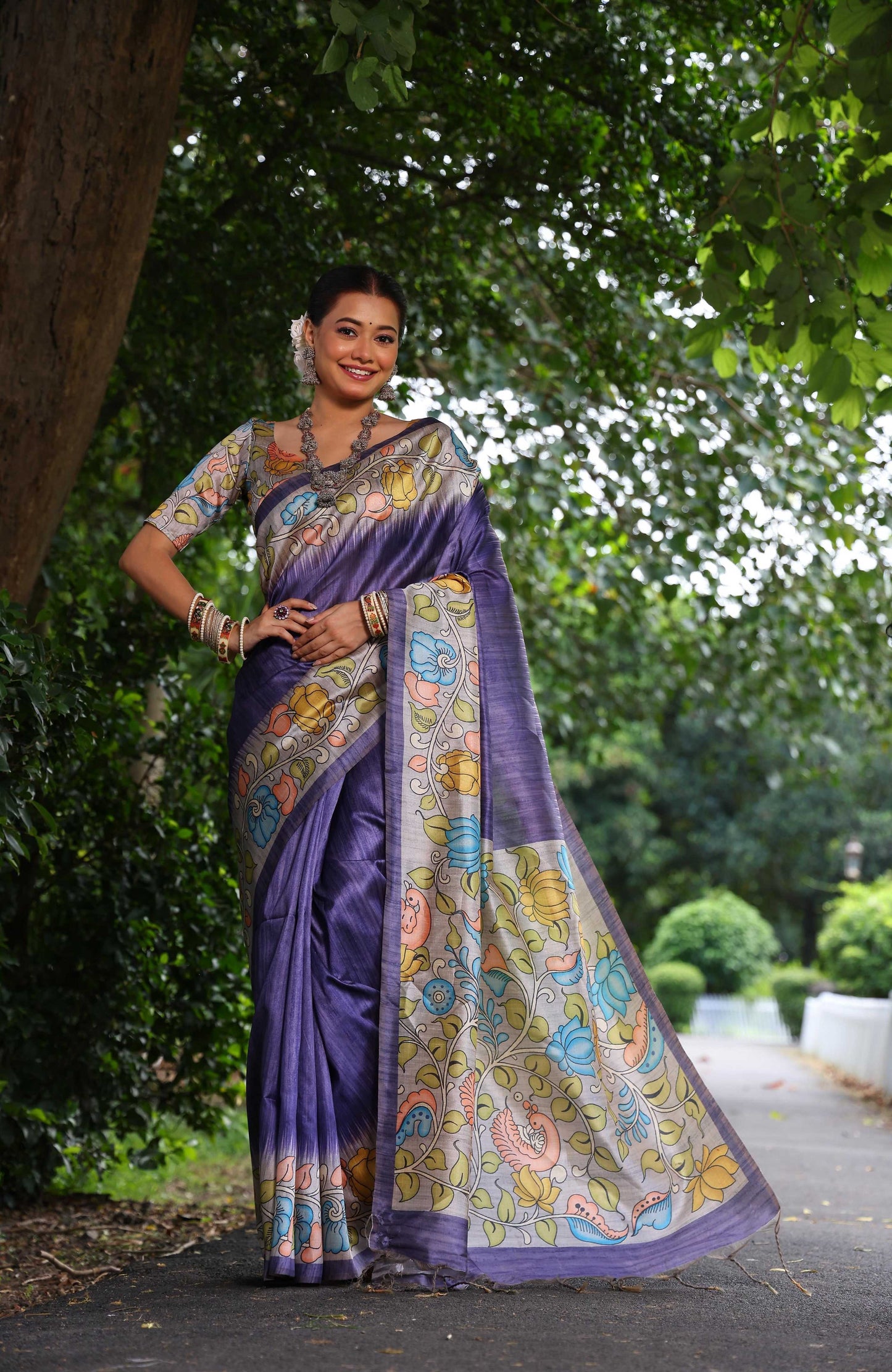 Jyoti Fashion Women's Purple Soft Tussar Silk Kalamkari Printed Designer Saree with Blouse | Swadesiicart