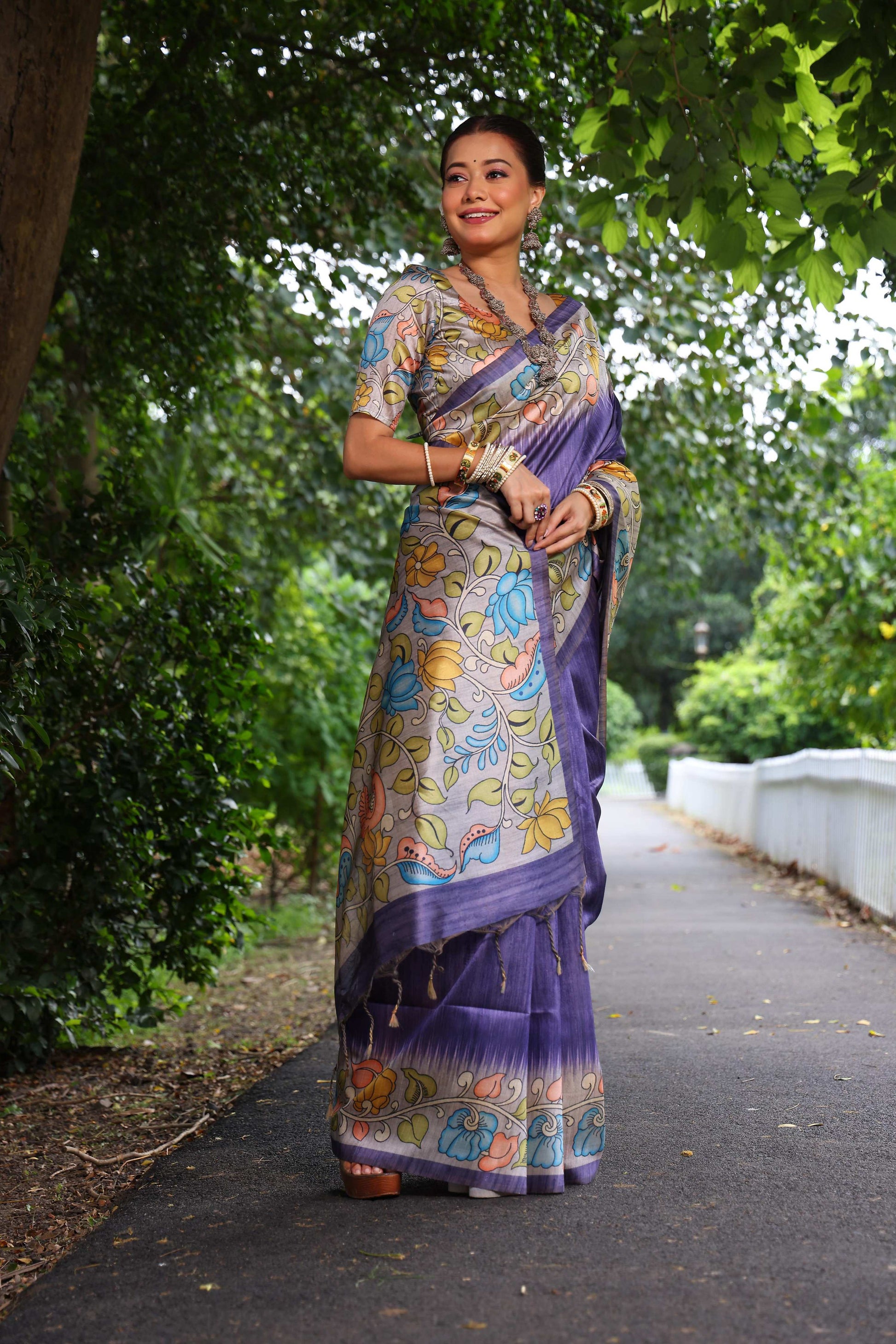 Jyoti Fashion Women's Purple Soft Tussar Silk Kalamkari Printed Designer Saree with Blouse | Swadesiicart