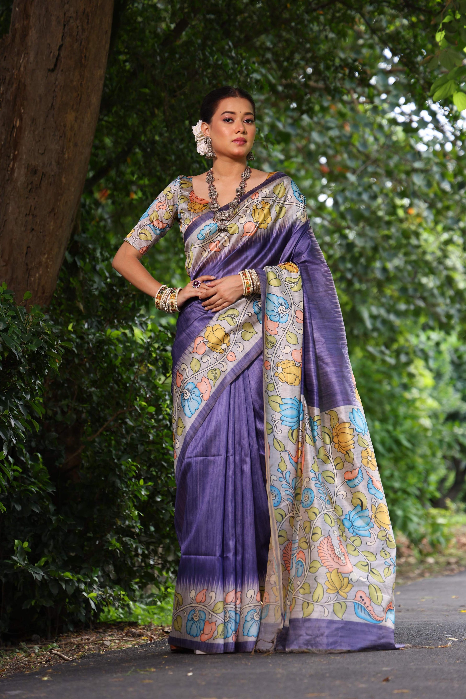 Jyoti Fashion Women's Purple Soft Tussar Silk Kalamkari Printed Designer Saree with Blouse | Swadesiicart