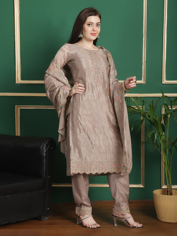 Jyoti Fashion Women's Beige Chinon Chiffon Floral Embroidery with Cording & Crystal Work Designer Straight Suit Set | Swadesiicart
