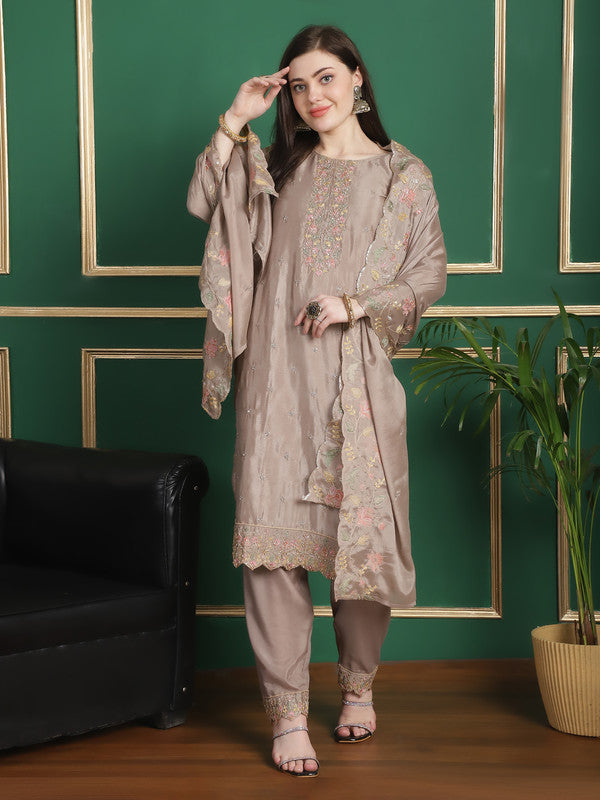 Jyoti Fashion Women's Beige Chinon Chiffon Floral Embroidery with Cording & Crystal Work Designer Straight Suit Set | Swadesiicart