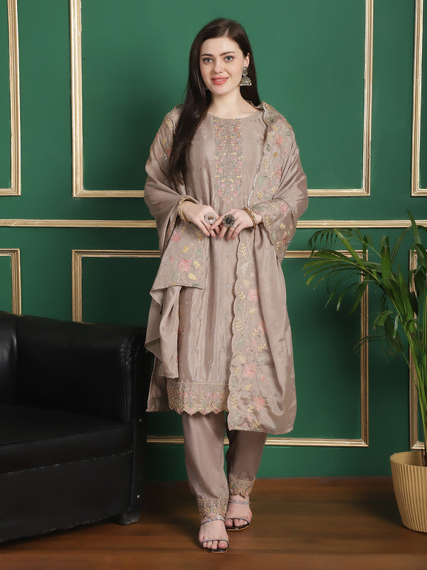 Jyoti Fashion Women's Beige Chinon Chiffon Floral Embroidery with Cording & Crystal Work Designer Straight Suit Set | Swadesiicart