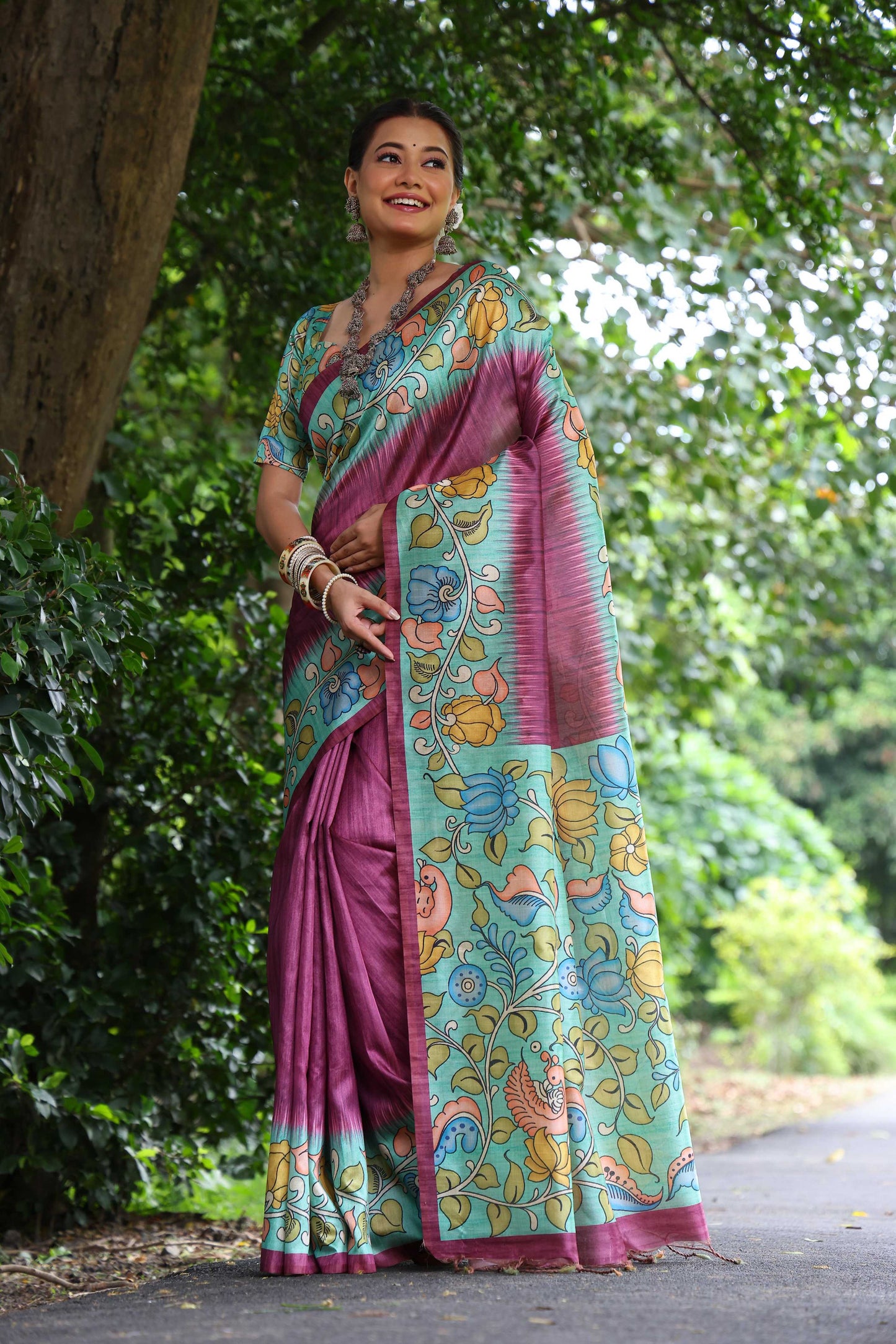 Jyoti Fashion Women's Wine Soft Tussar Silk Kalamkari Printed Designer Saree with Blouse | Swadesiicart