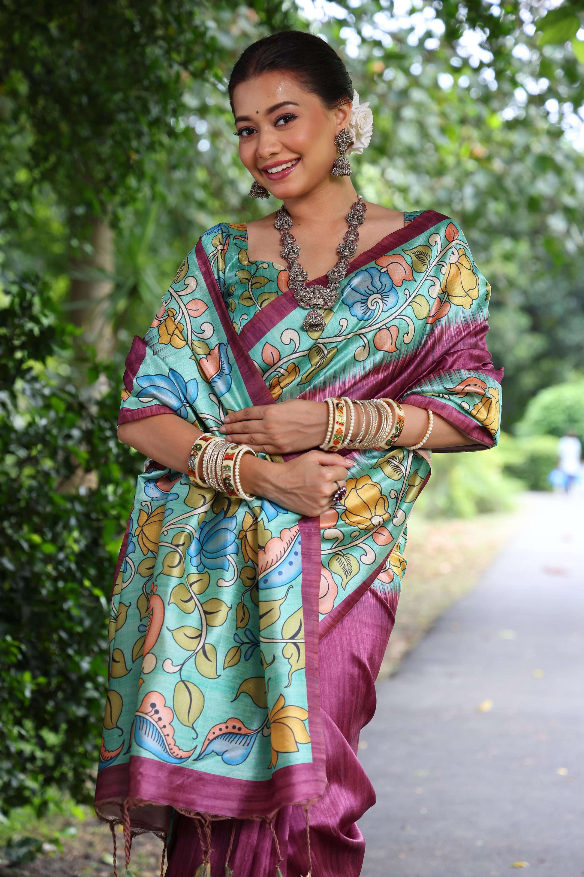 Jyoti Fashion Women's Wine Soft Tussar Silk Kalamkari Printed Designer Saree with Blouse | Swadesiicart