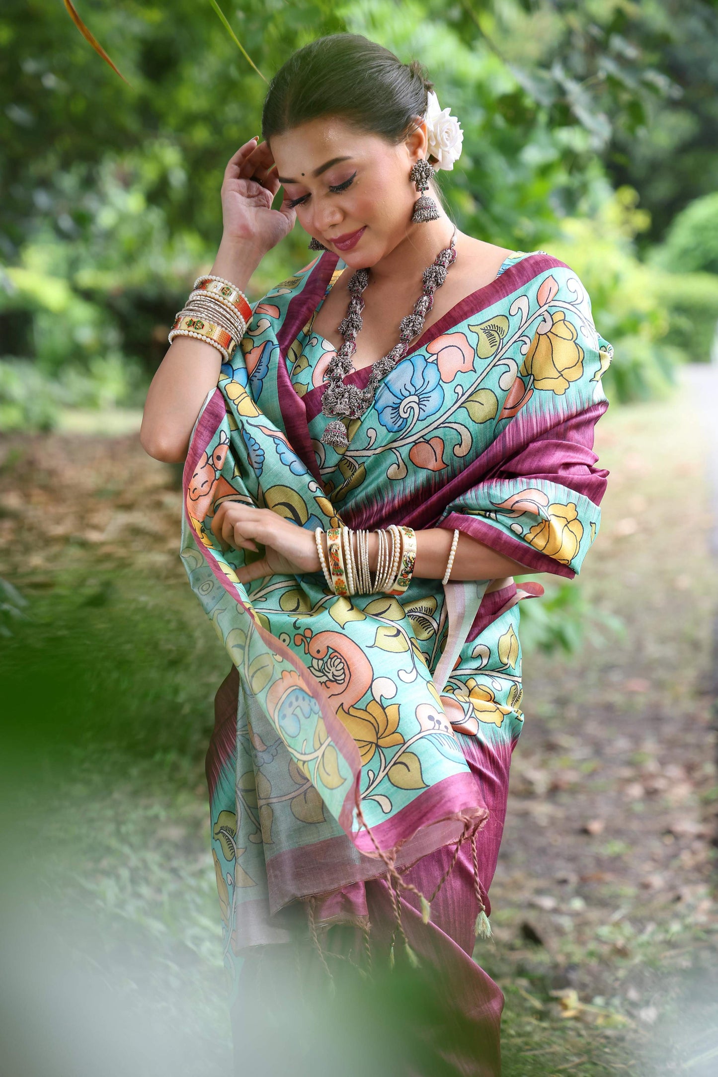 Jyoti Fashion Women's Wine Soft Tussar Silk Kalamkari Printed Designer Saree with Blouse | Swadesiicart