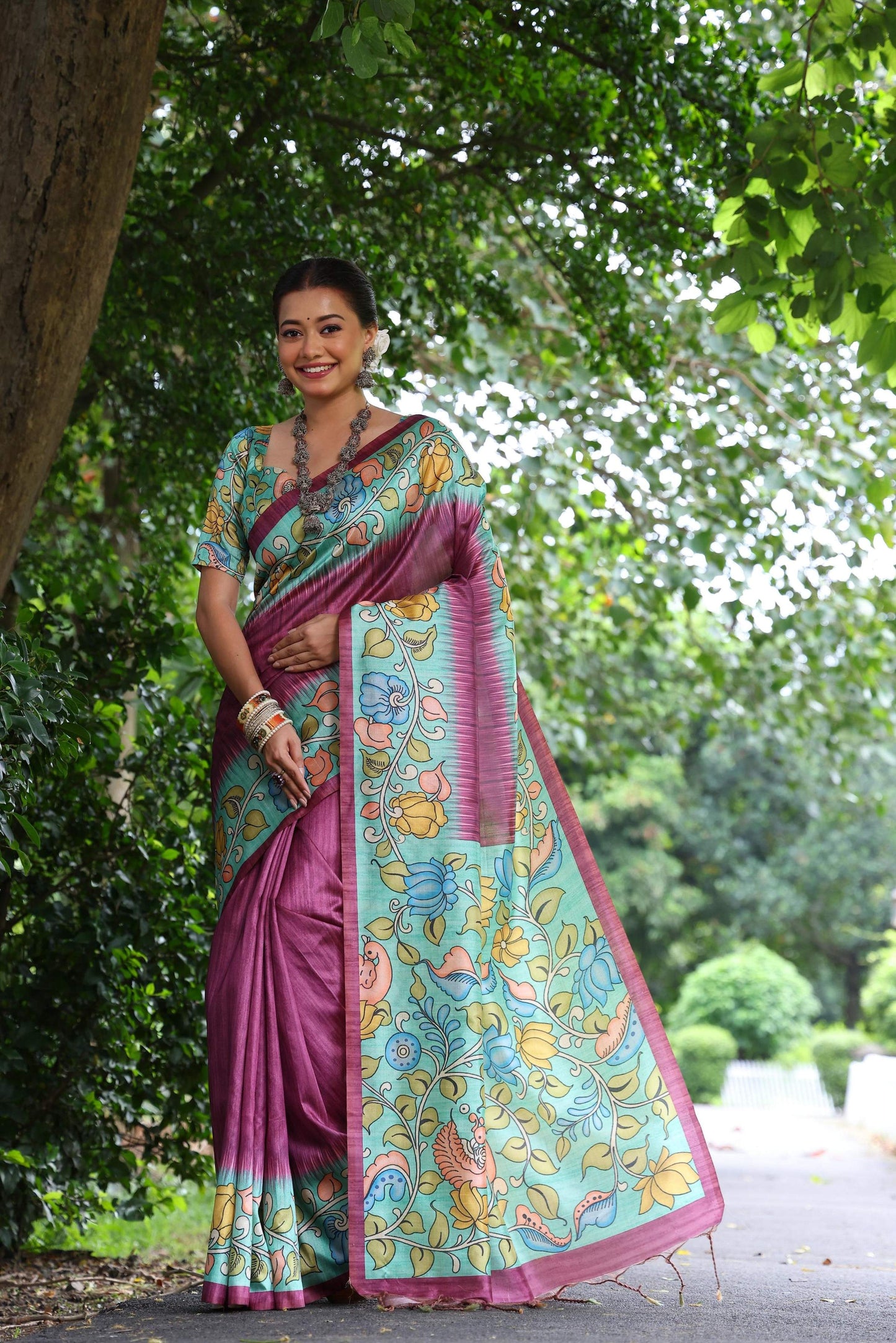 Jyoti Fashion Women's Wine Soft Tussar Silk Kalamkari Printed Designer Saree with Blouse | Swadesiicart