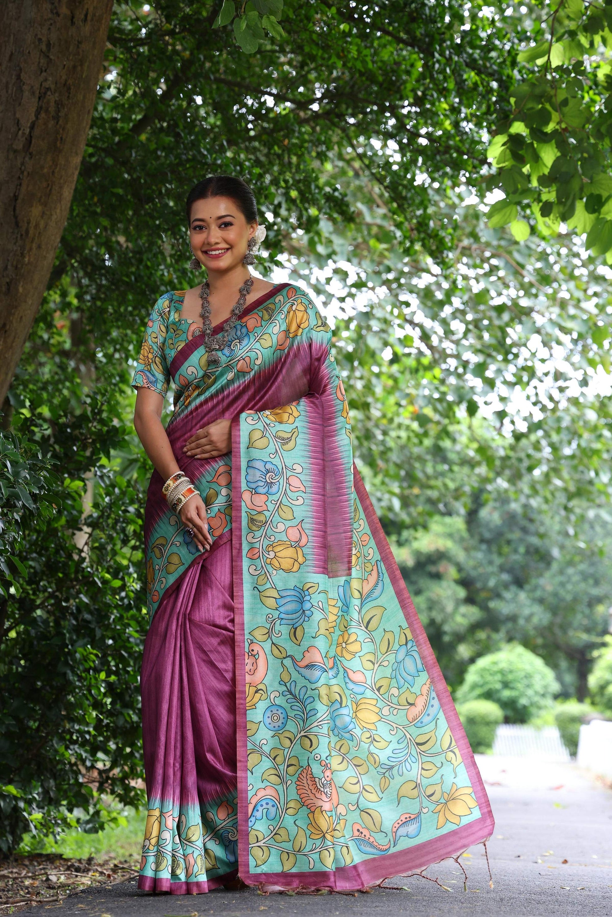 Jyoti Fashion Women's Wine Soft Tussar Silk Kalamkari Printed Designer Saree with Blouse | Swadesiicart