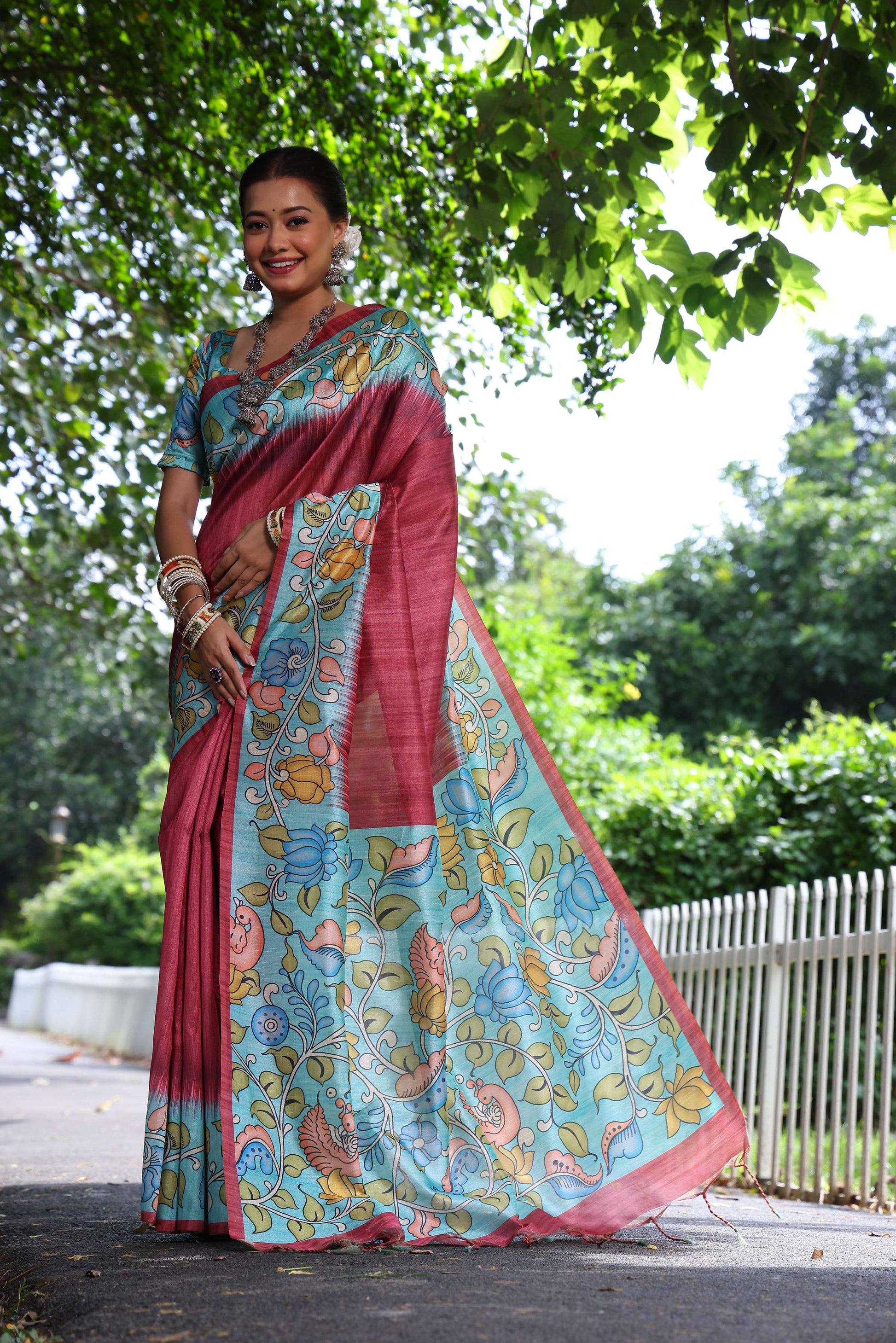 Jyoti Fashion Women's Maroon Soft Tussar Silk Kalamkari Printed Designer Saree with Blouse | Swadesiicart
