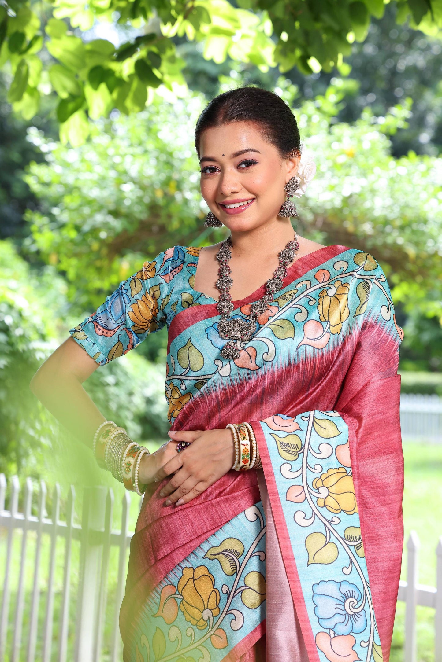 Jyoti Fashion Women's Maroon Soft Tussar Silk Kalamkari Printed Designer Saree with Blouse | Swadesiicart