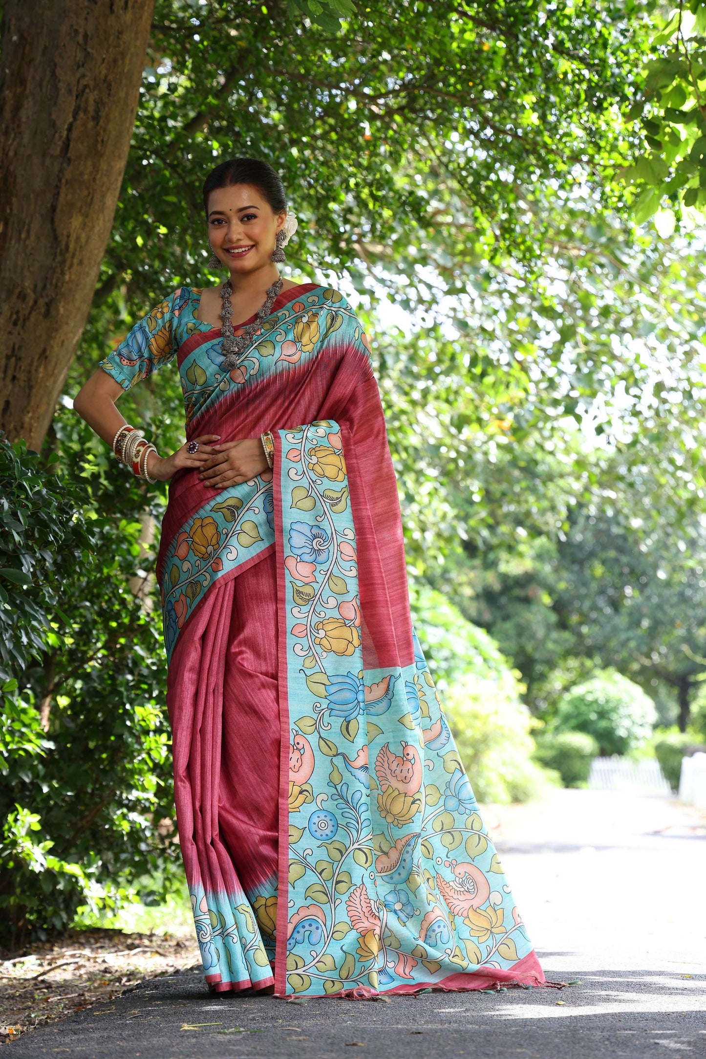 Jyoti Fashion Women's Maroon Soft Tussar Silk Kalamkari Printed Designer Saree with Blouse | Swadesiicart