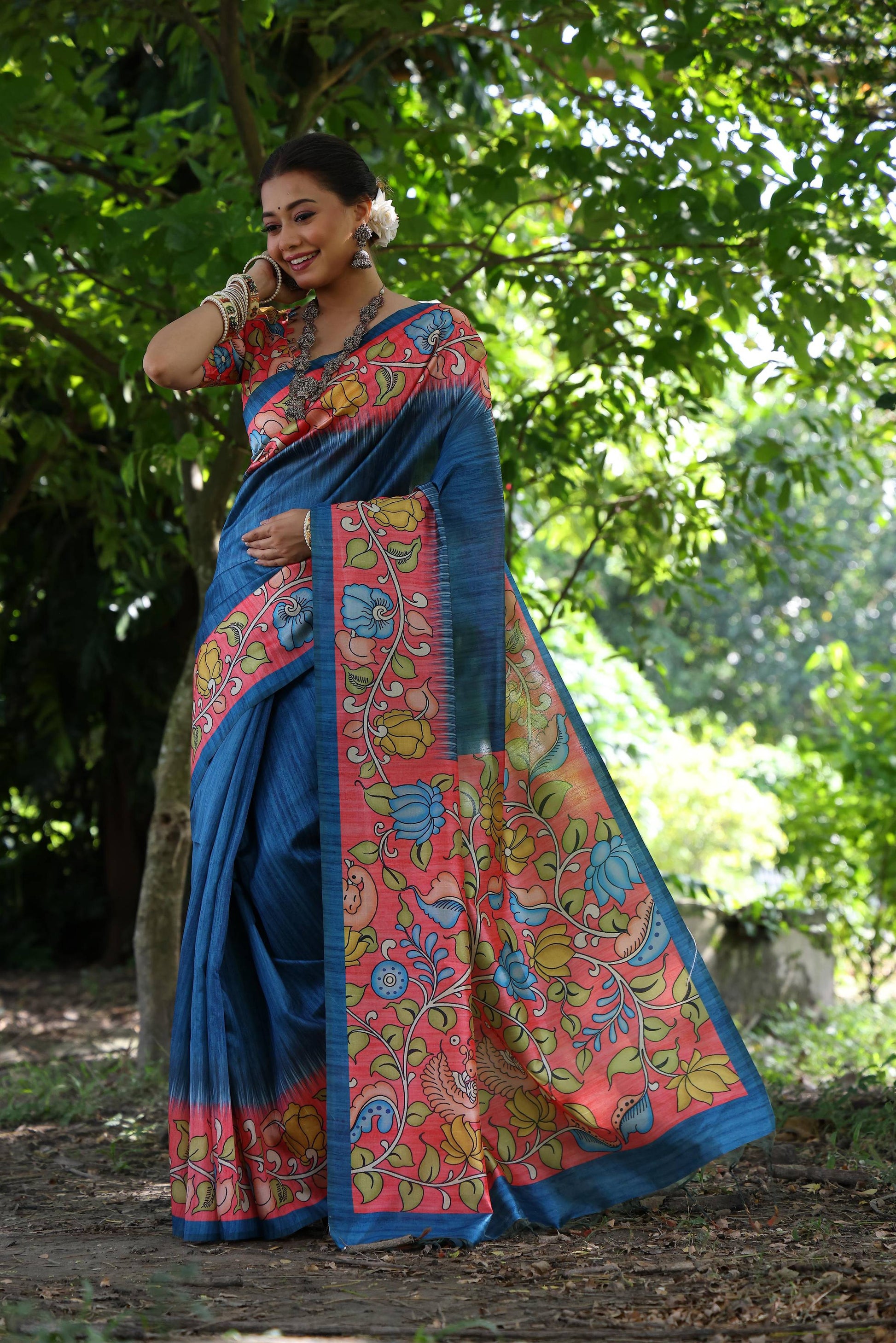 Jyoti Fashion Women's Blue Soft Tussar Silk Kalamkari Printed Designer Saree with Blouse | Swadesiicart