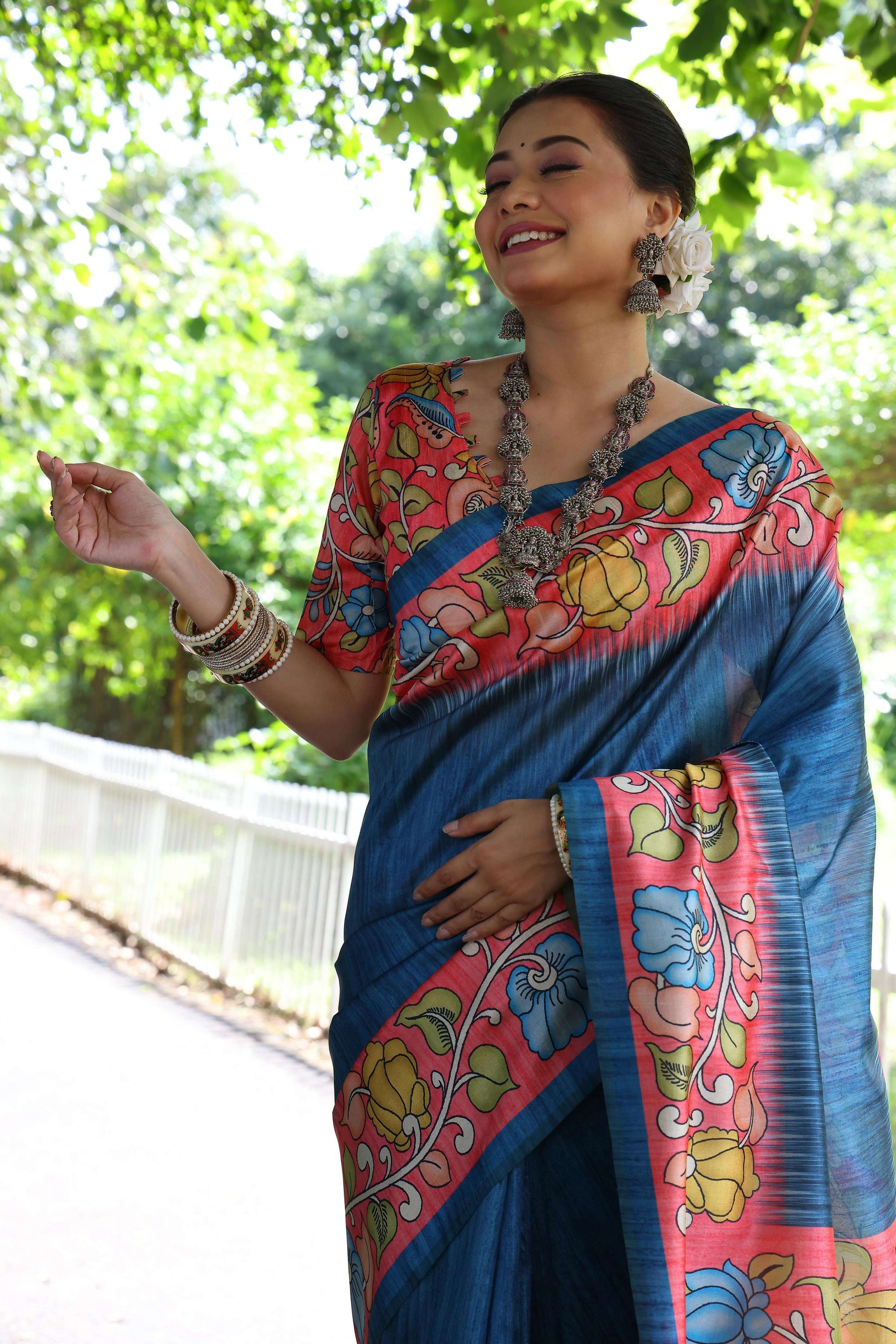 Jyoti Fashion Women's Blue Soft Tussar Silk Kalamkari Printed Designer Saree with Blouse | Swadesiicart