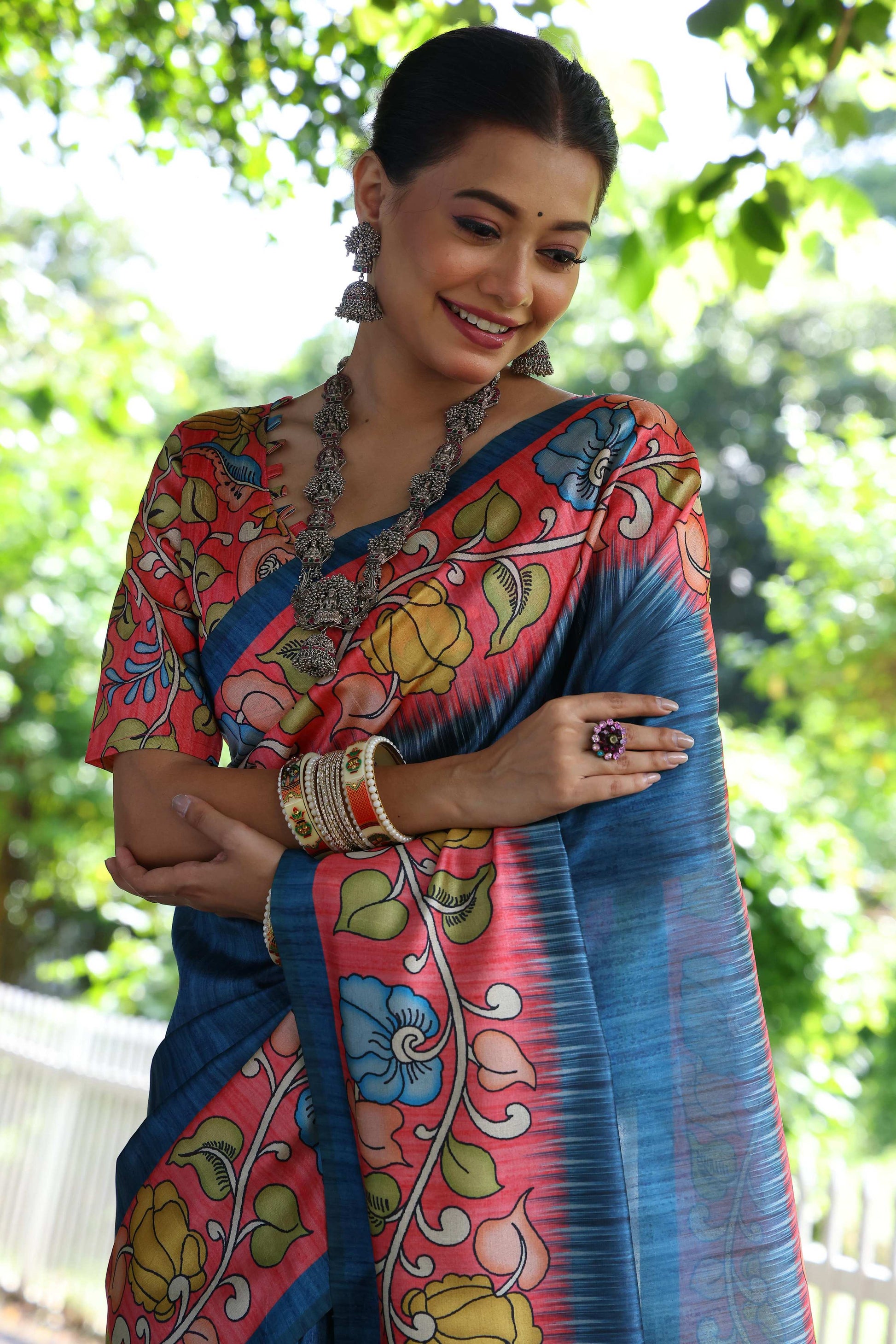 Jyoti Fashion Women's Blue Soft Tussar Silk Kalamkari Printed Designer Saree with Blouse | Swadesiicart