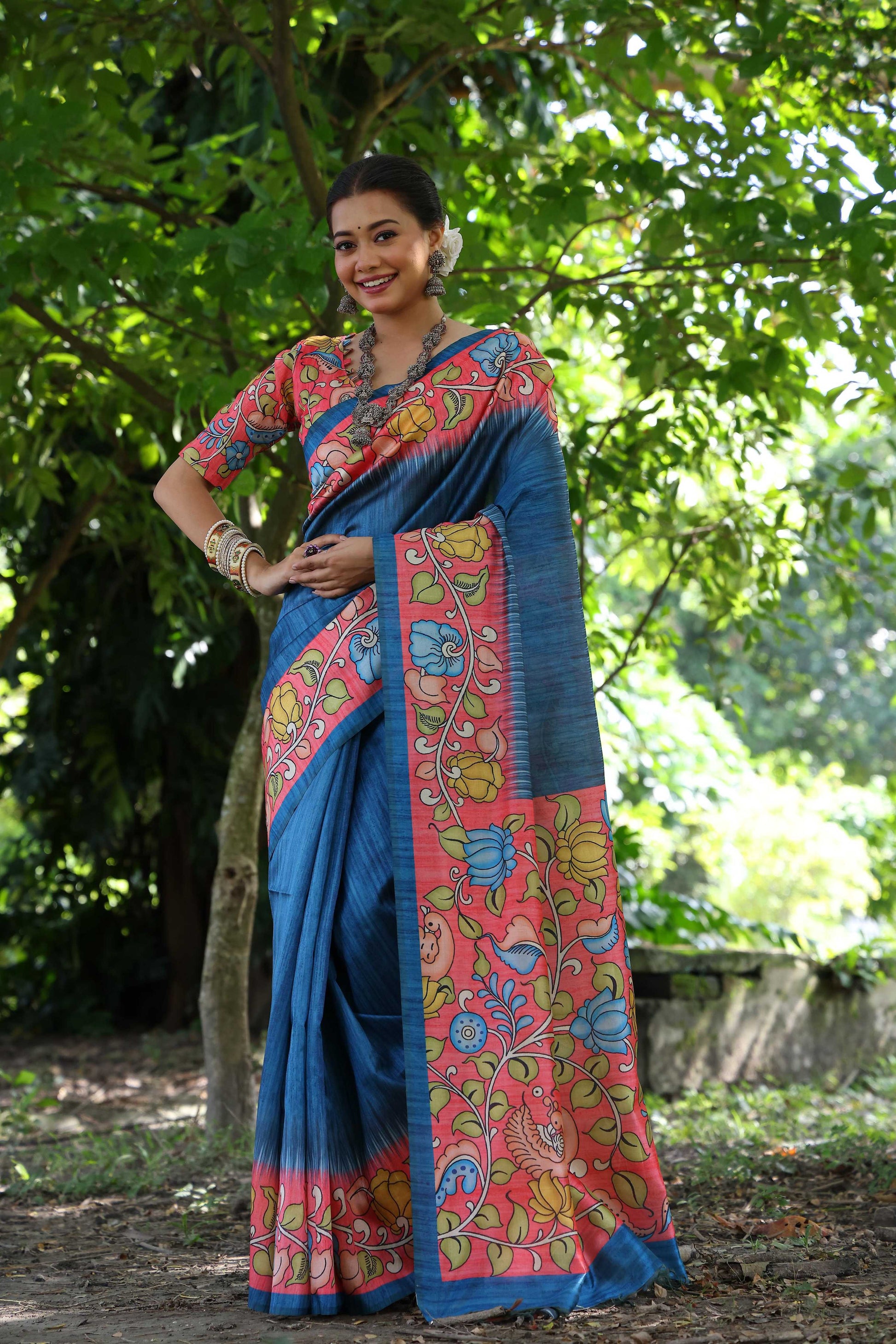 Jyoti Fashion Women's Blue Soft Tussar Silk Kalamkari Printed Designer Saree with Blouse | Swadesiicart