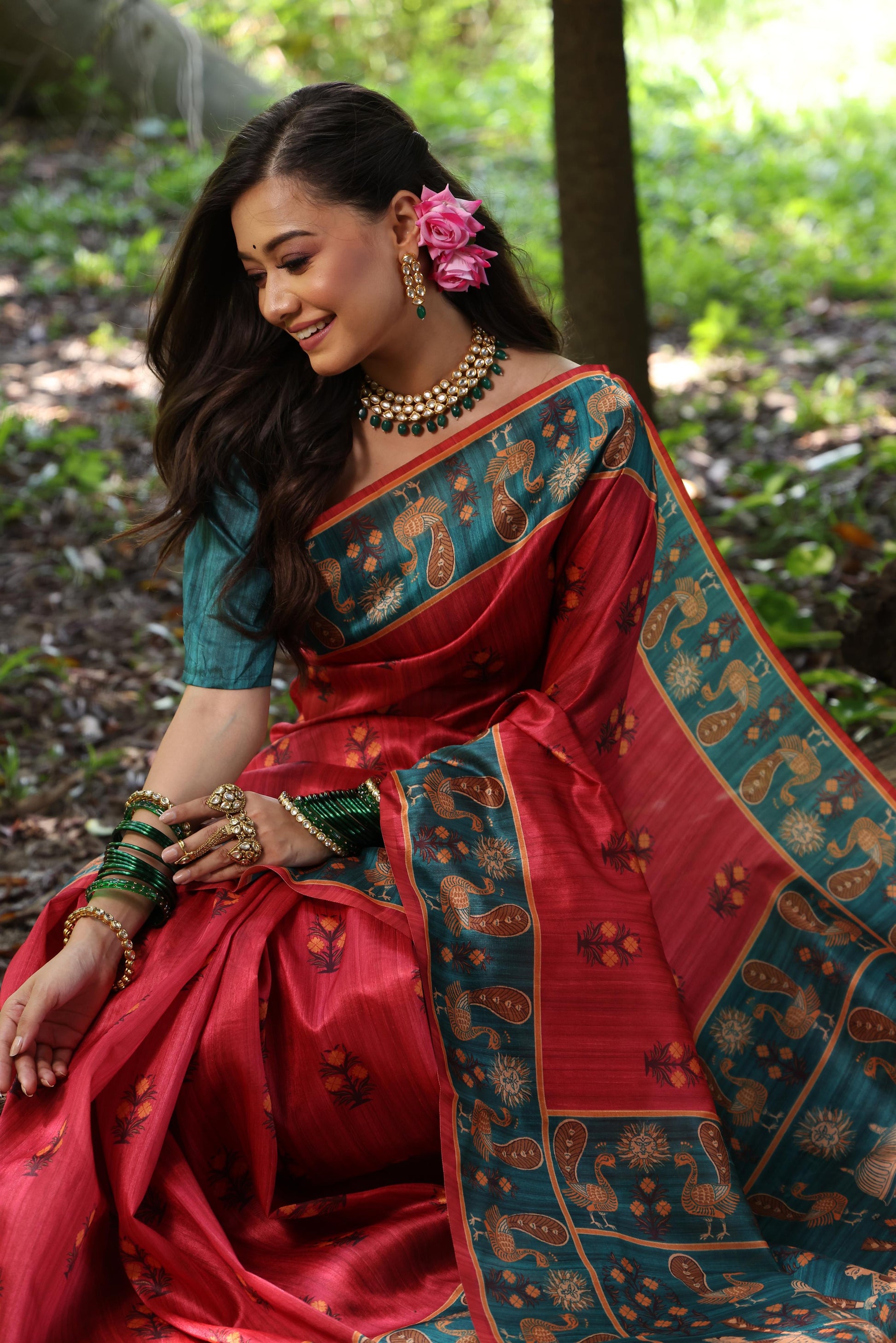 Jyoti Fashion Women's Black Soft Tussar Silk Peacock Printed Designer Saree with Blouse | Swadesiicart